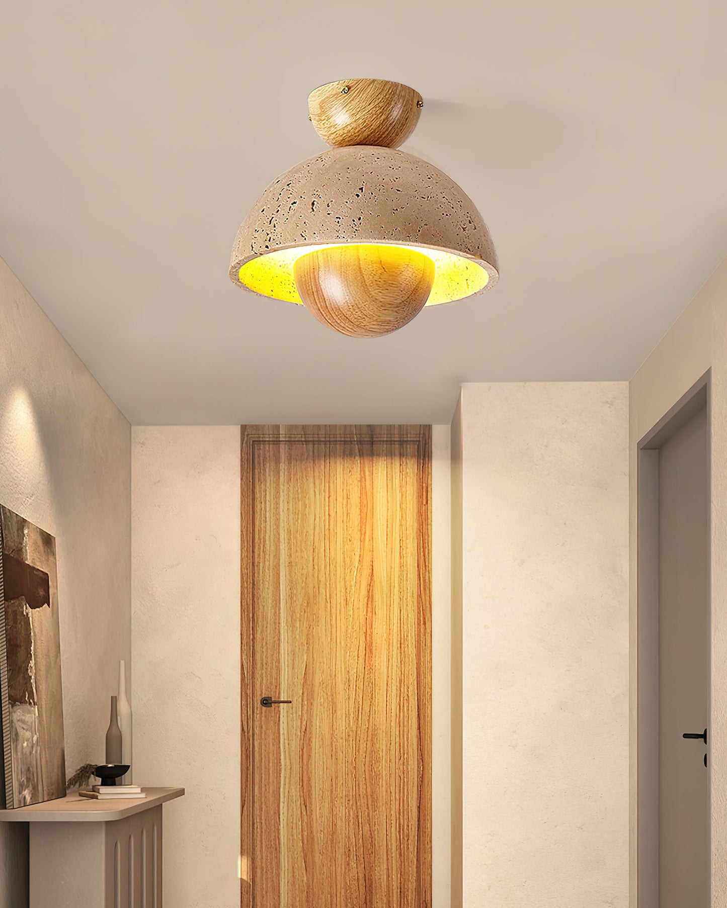 Inverted Ceiling Lamp | Travertine, Metal, Wood | Yellow, Walnut, Wood Color