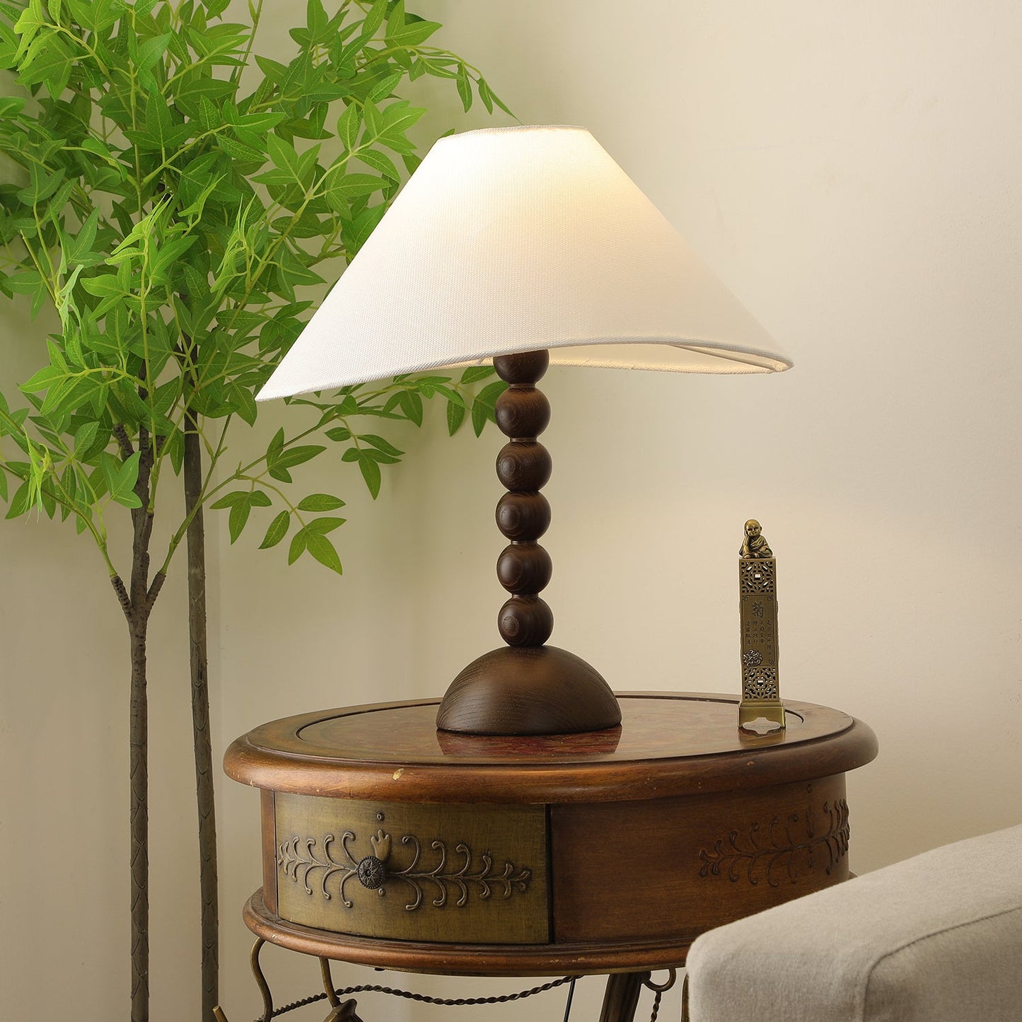 Isabella Grace Table Lamp | Dark Wood & Fabric | Walnut Color