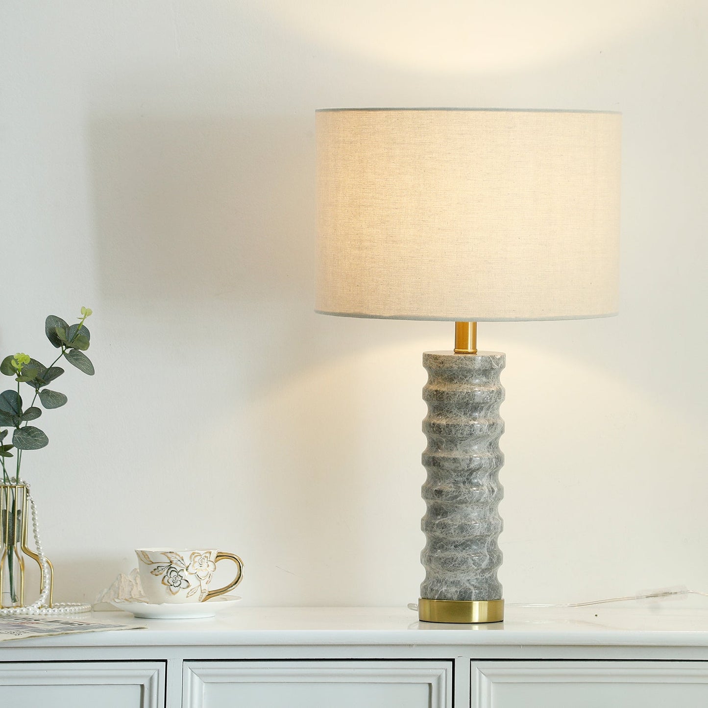Julienne Marble Table Lamp | Marble & Iron | Grey Base White Shade