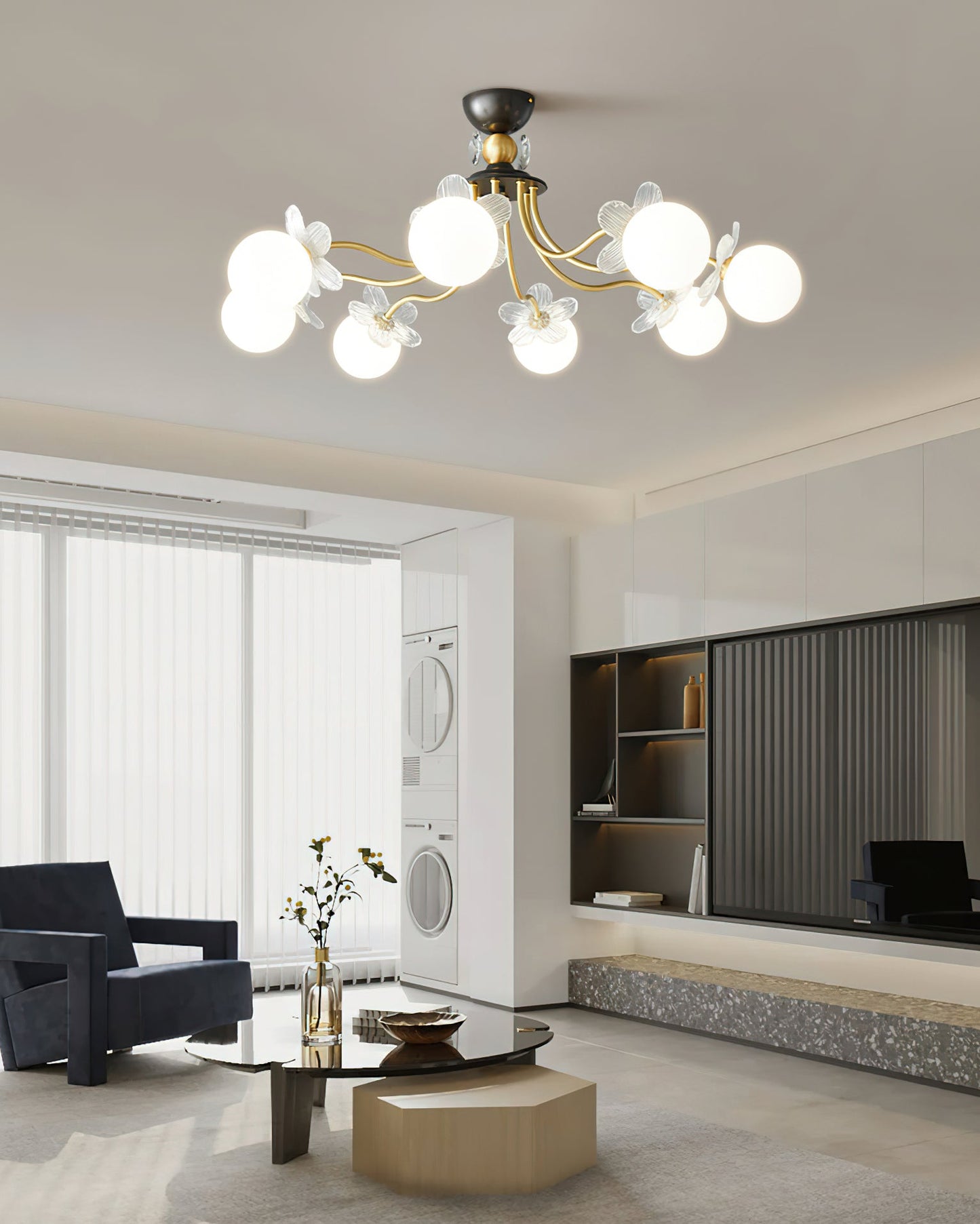 Blossom Flower Chandelier | Brass & Glass | White