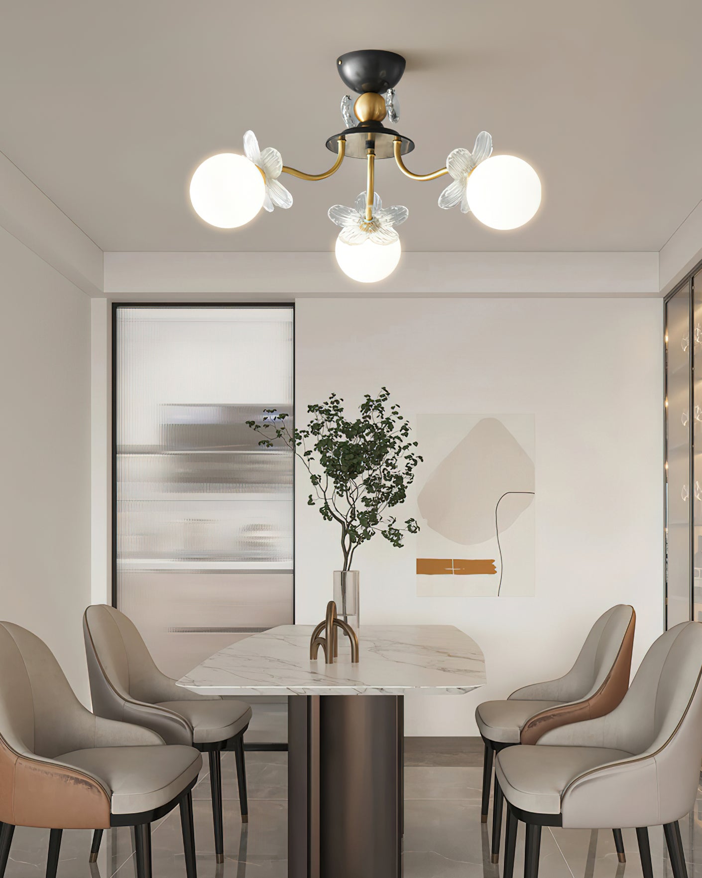 Blossom Flower Chandelier | Brass & Glass | White