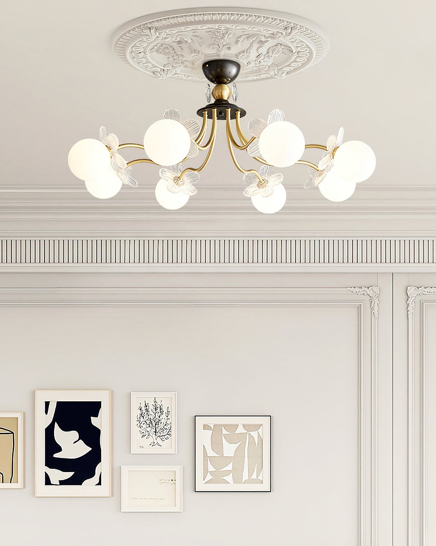 Blossom Flower Chandelier | Brass & Glass | White
