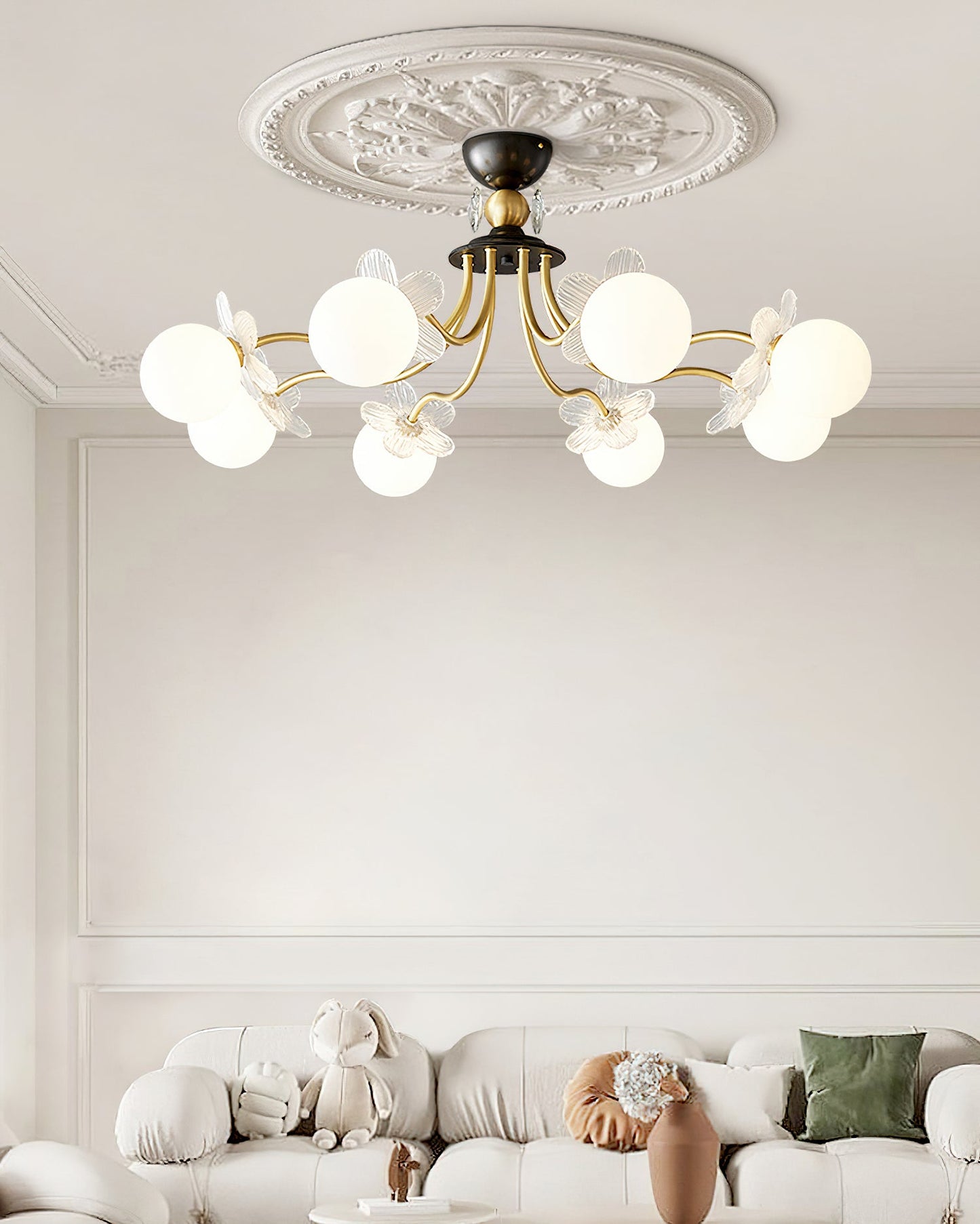 Blossom Flower Chandelier | Brass & Glass | White