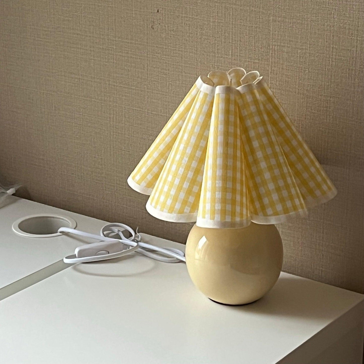 Pleated Table Lamp | White Ceramic & Linen Shade | 28cm Diameter