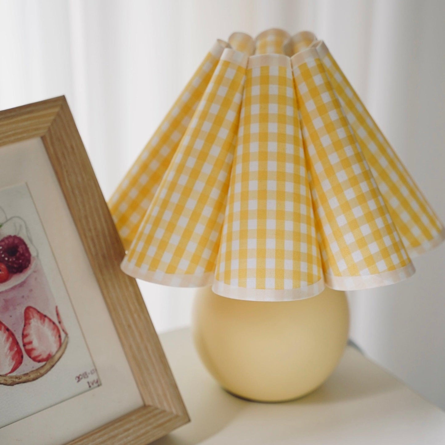 Pleated Table Lamp | White Ceramic & Linen Shade | 28cm Diameter