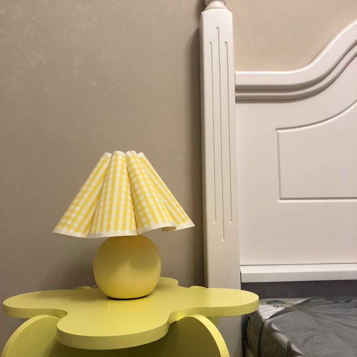 Pleated Table Lamp | White Ceramic & Linen Shade | 28cm Diameter