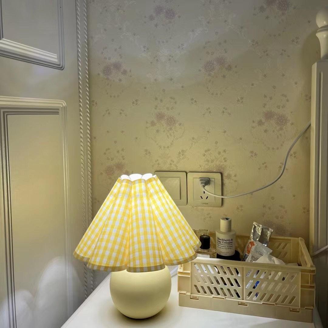 Pleated Table Lamp | White Ceramic & Linen Shade | 28cm Diameter