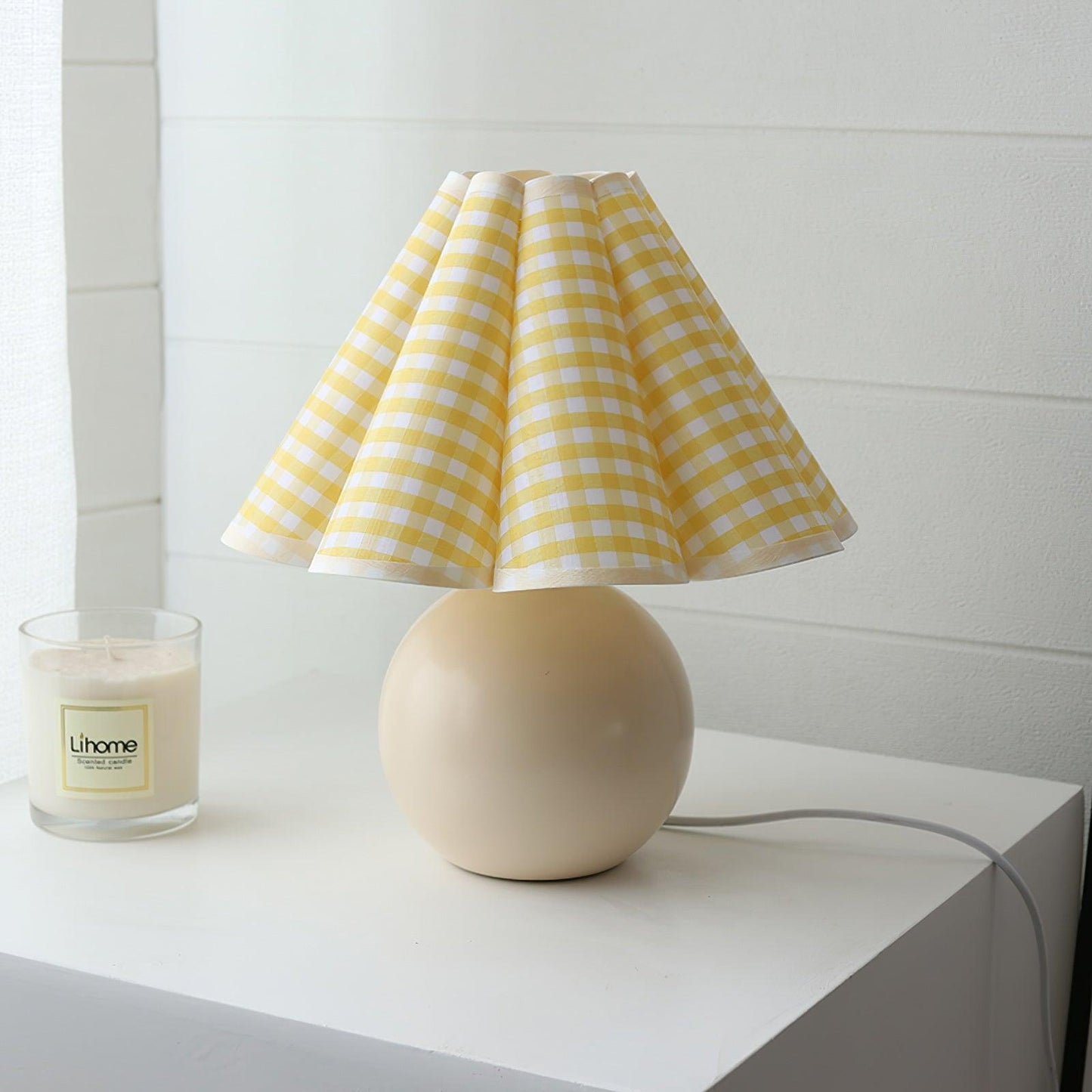Pleated Table Lamp | White Ceramic & Linen Shade | 28cm Diameter