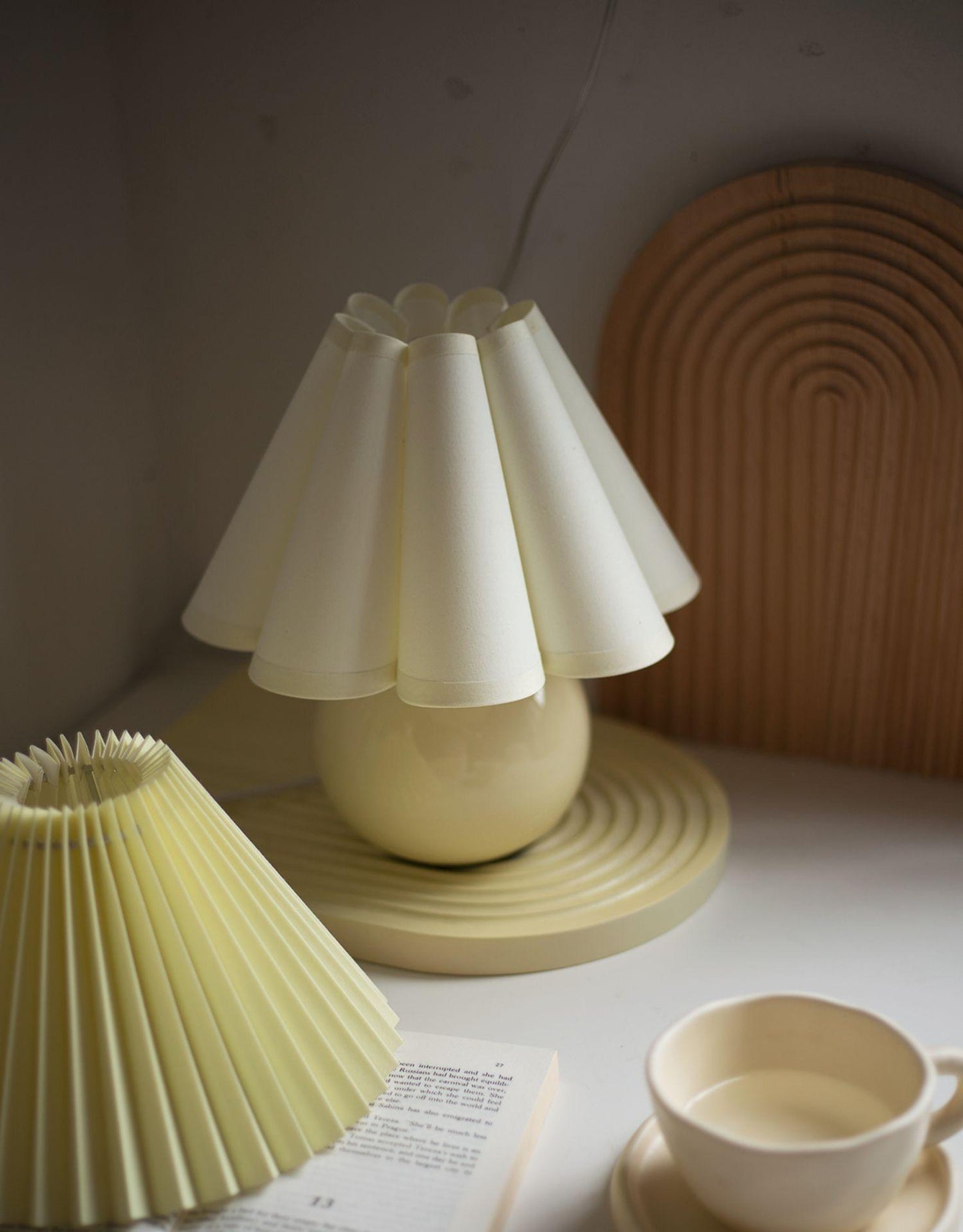 Pleated Table Lamp | White Ceramic & Linen Shade | 28cm Diameter