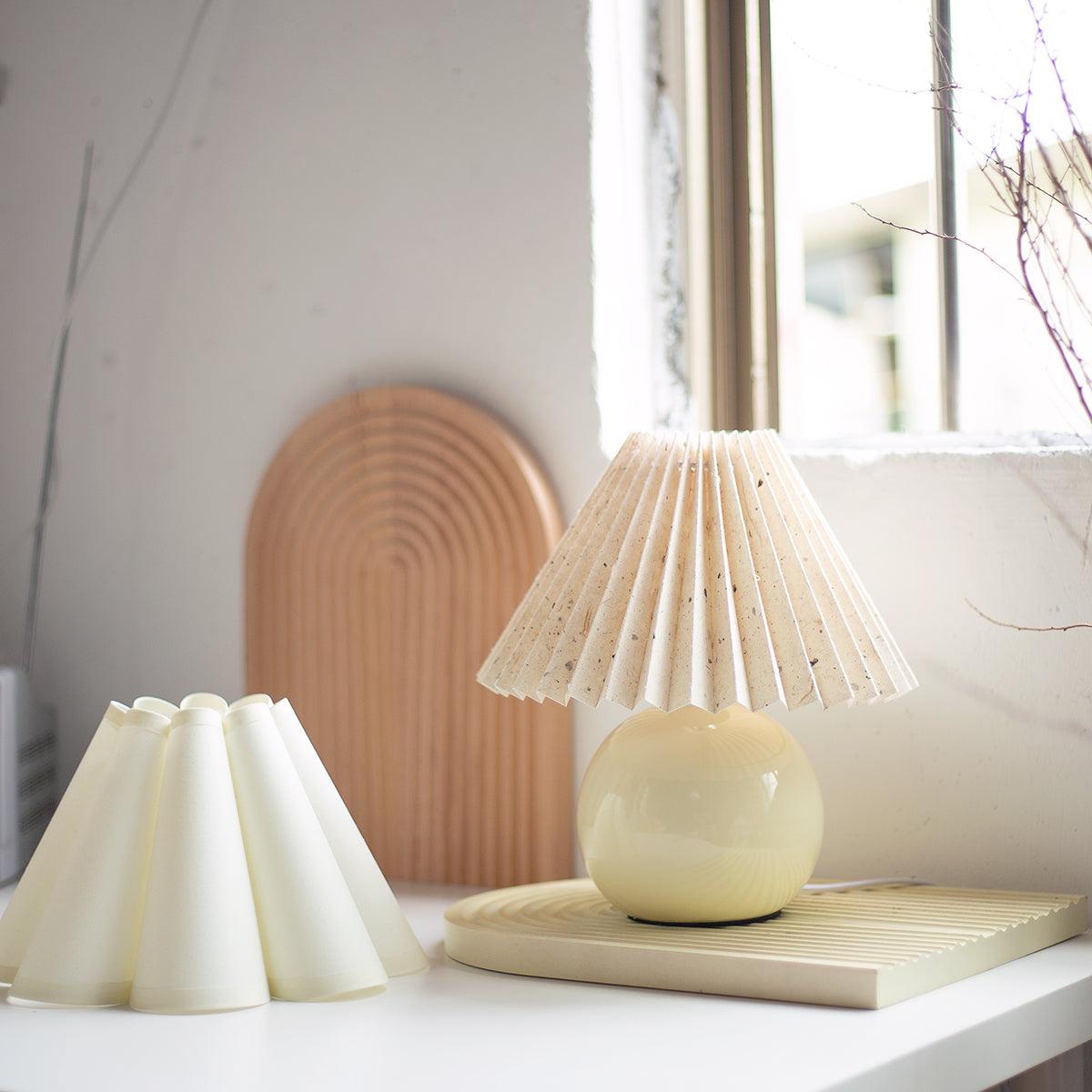 Pleated Table Lamp | White Ceramic & Linen Shade | 28cm Diameter