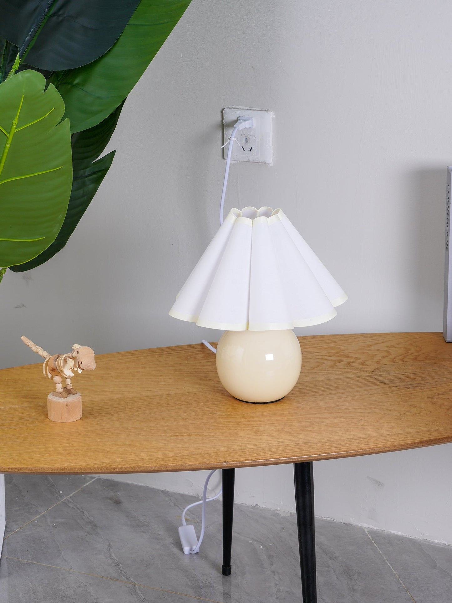 Pleated Table Lamp | White Ceramic & Linen Shade | 28cm Diameter