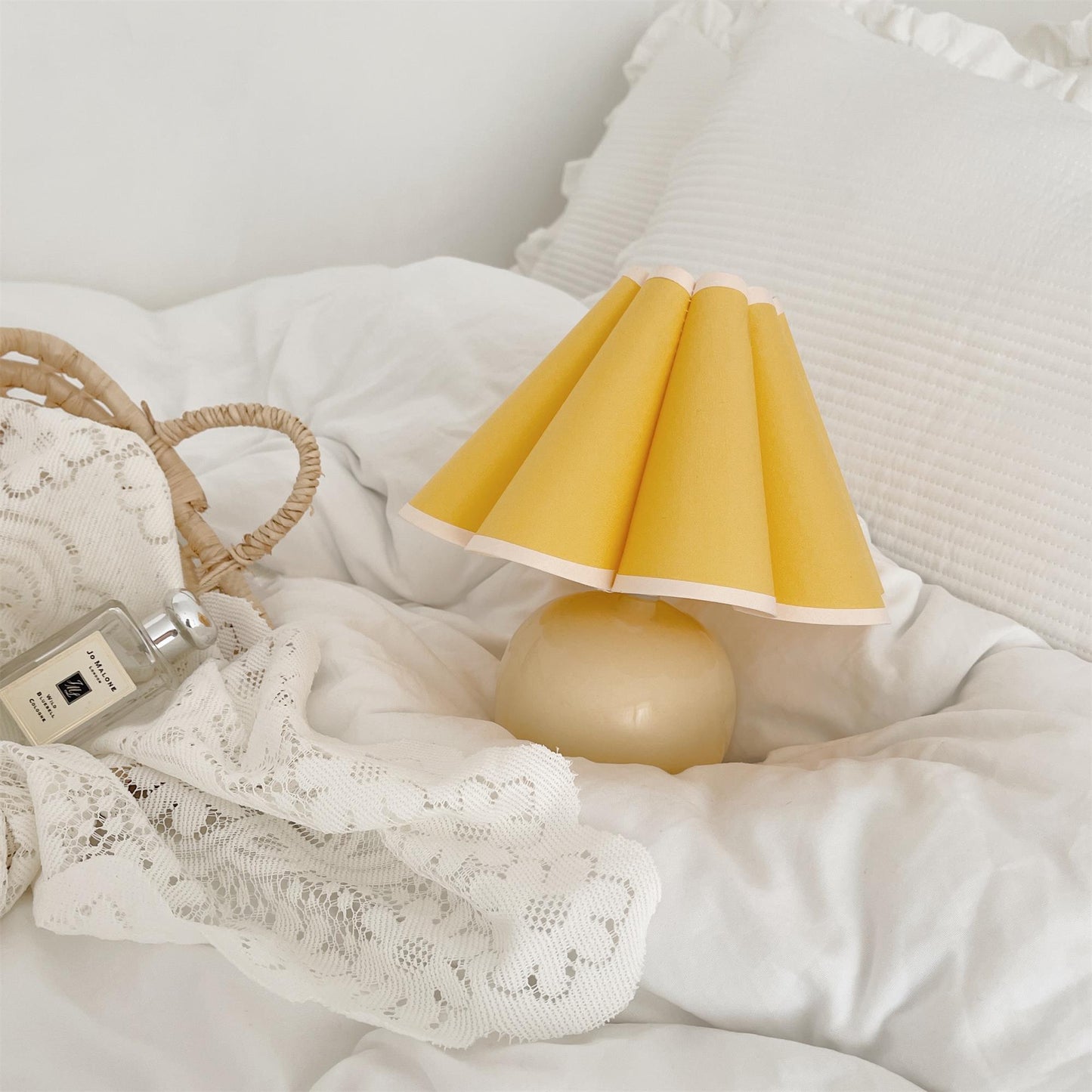 Pleated Table Lamp | White Ceramic & Linen Shade | 28cm Diameter