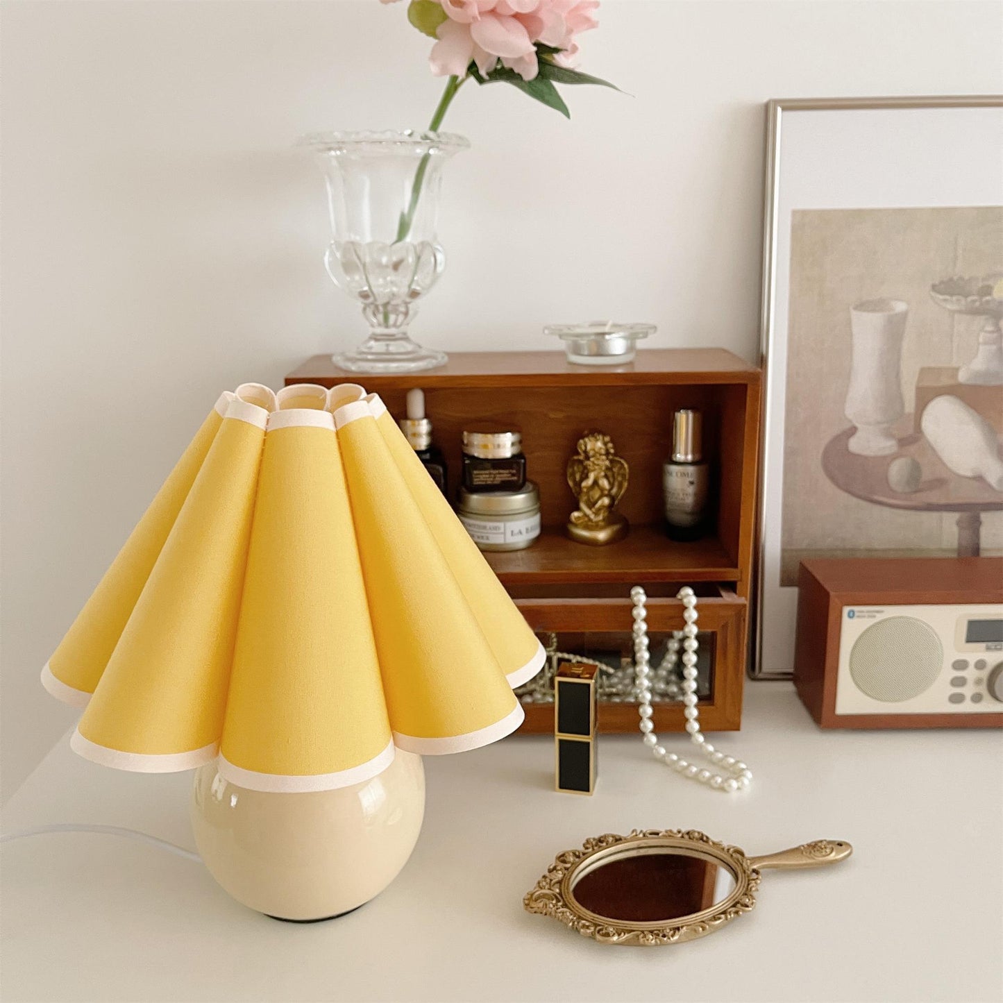 Pleated Table Lamp | White Ceramic & Linen Shade | 28cm Diameter