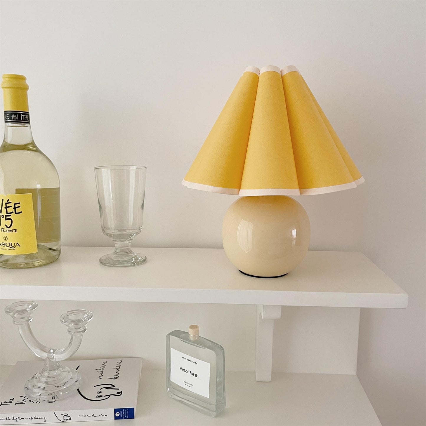 Pleated Table Lamp | White Ceramic & Linen Shade | 28cm Diameter