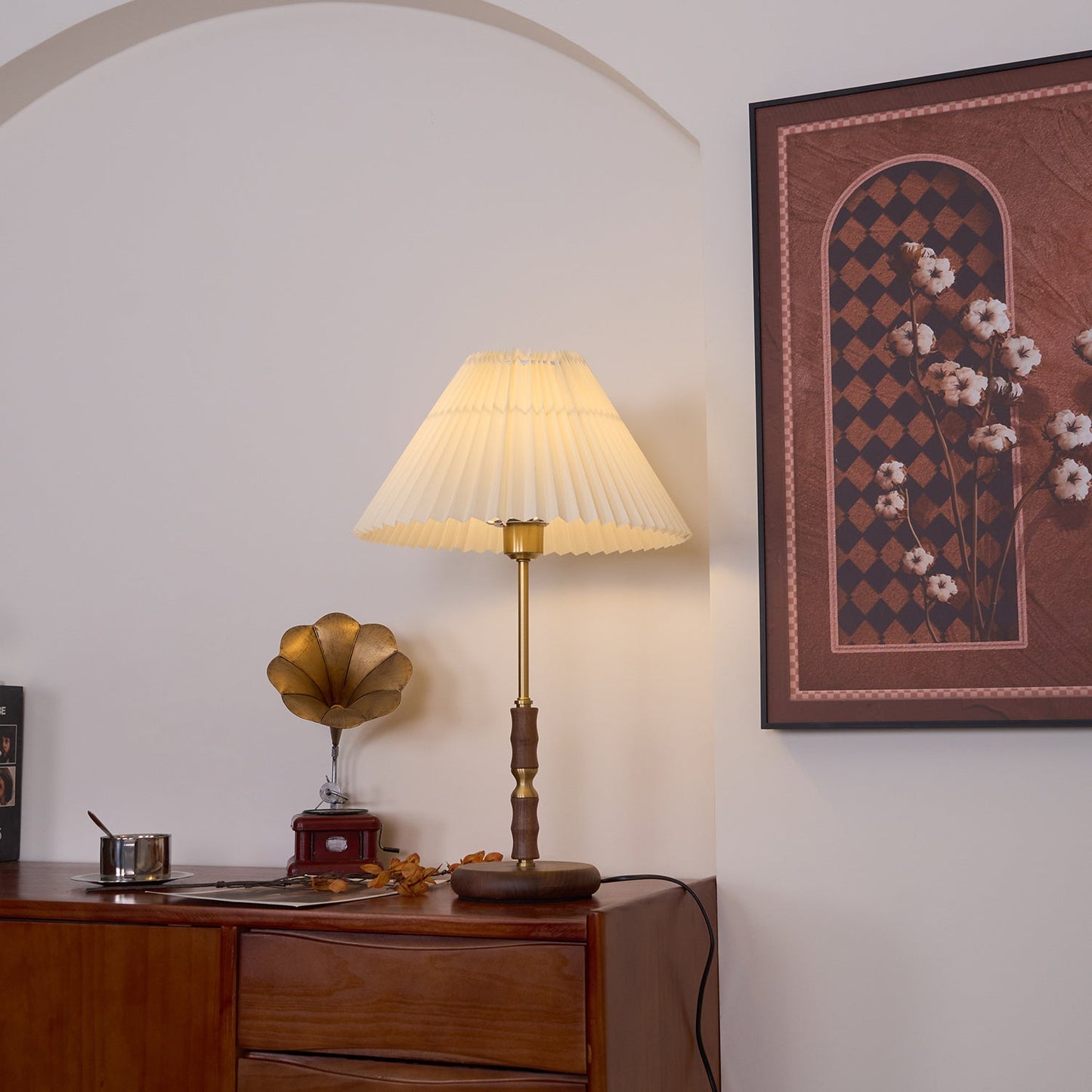 Table Lamp | Walnut & Brass | Beige Shade