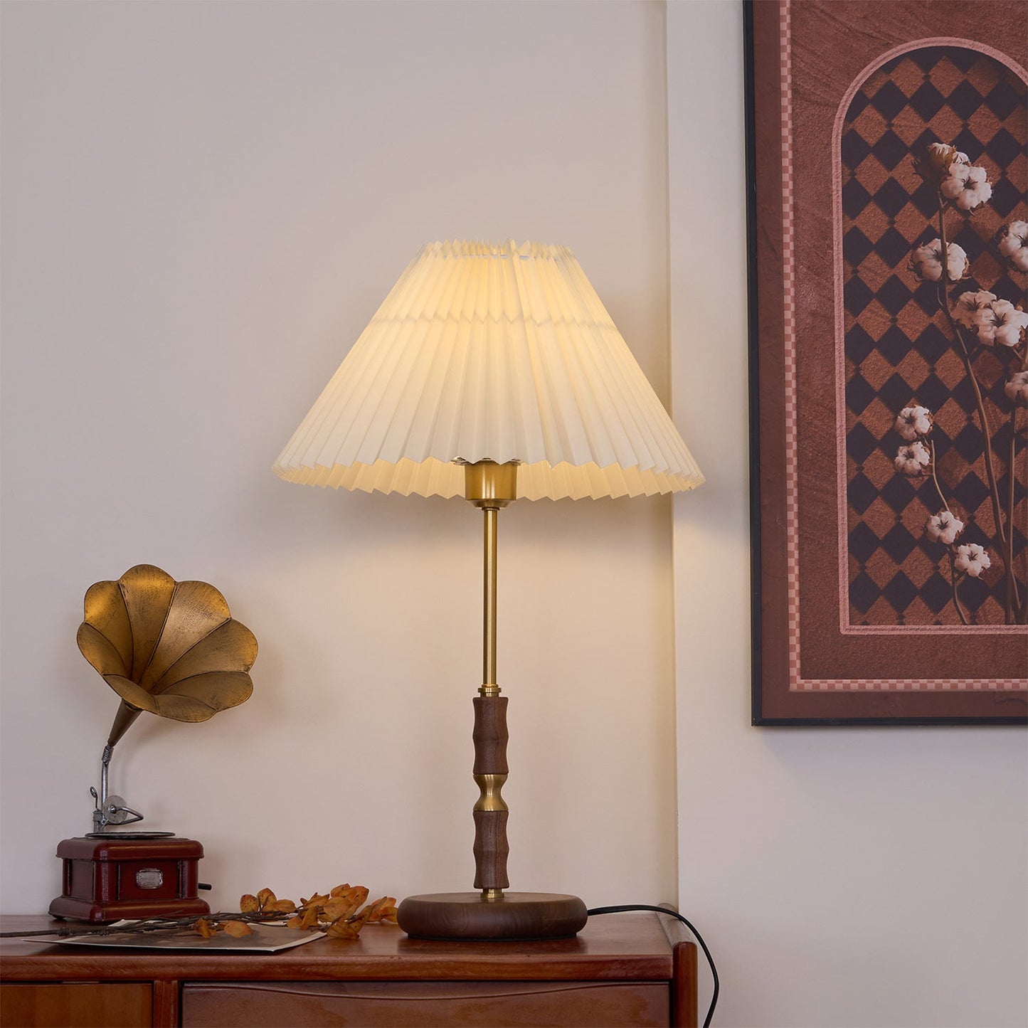Table Lamp | Walnut & Brass | Beige Shade