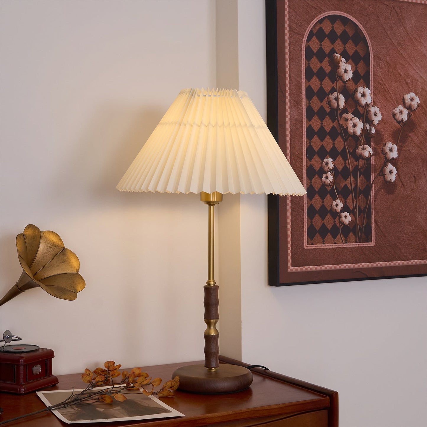 Table Lamp | Walnut & Brass | Beige Shade