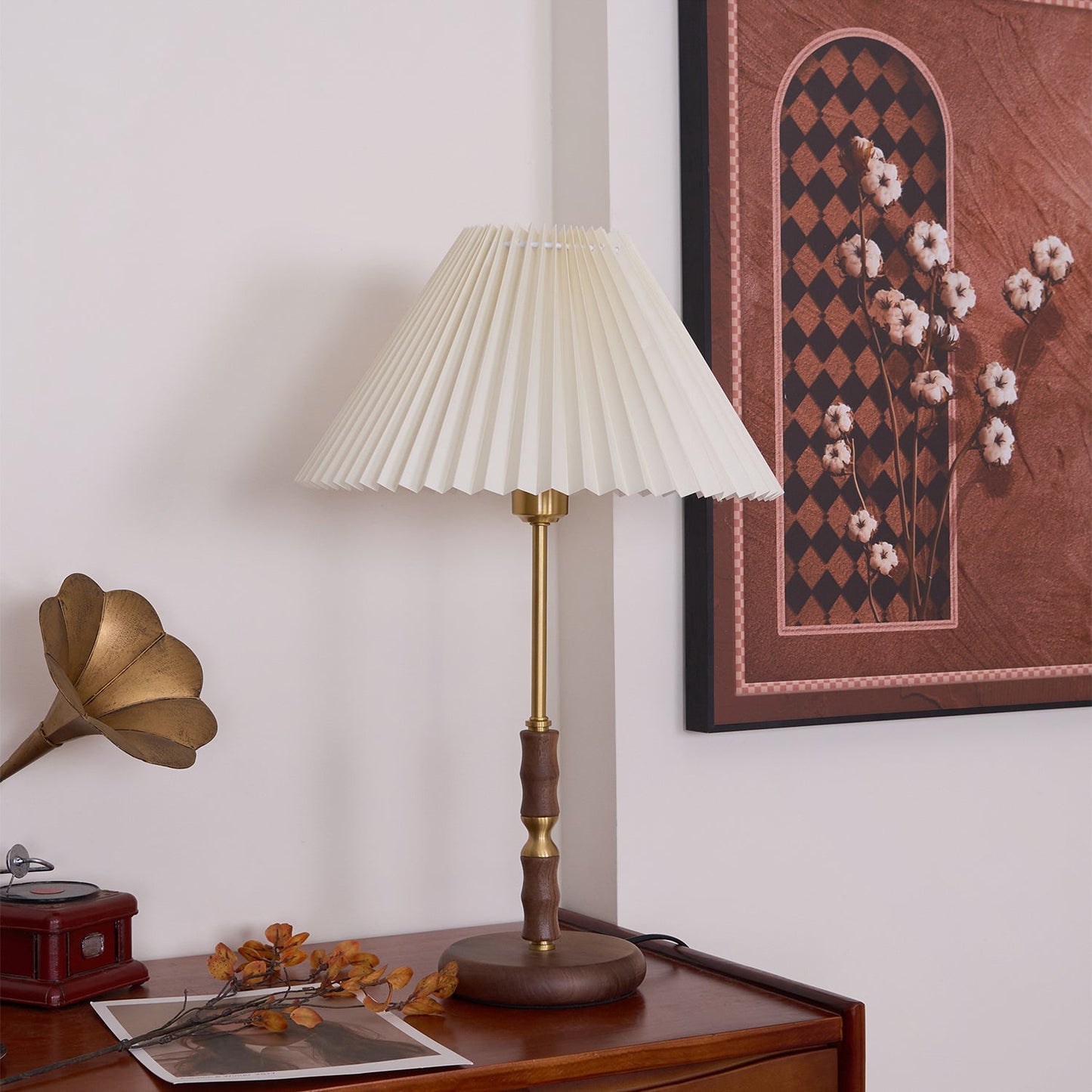 Table Lamp | Walnut & Brass | Beige Shade