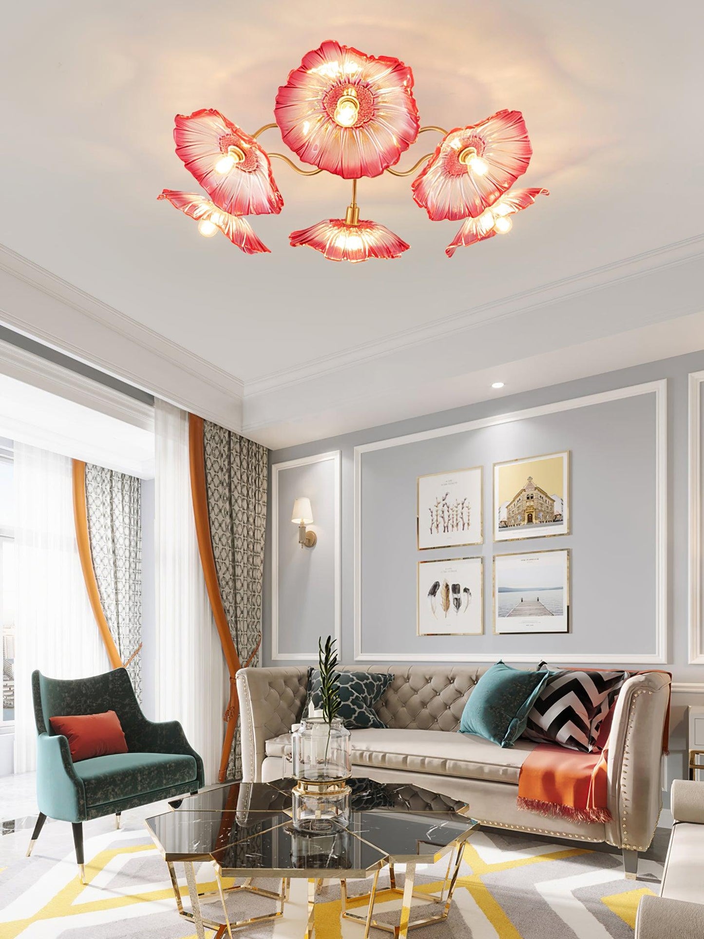 Lotus Leaf Ceiling Lamp | Frosted Glass & Metal | Gold Finish, 3-6 Heads