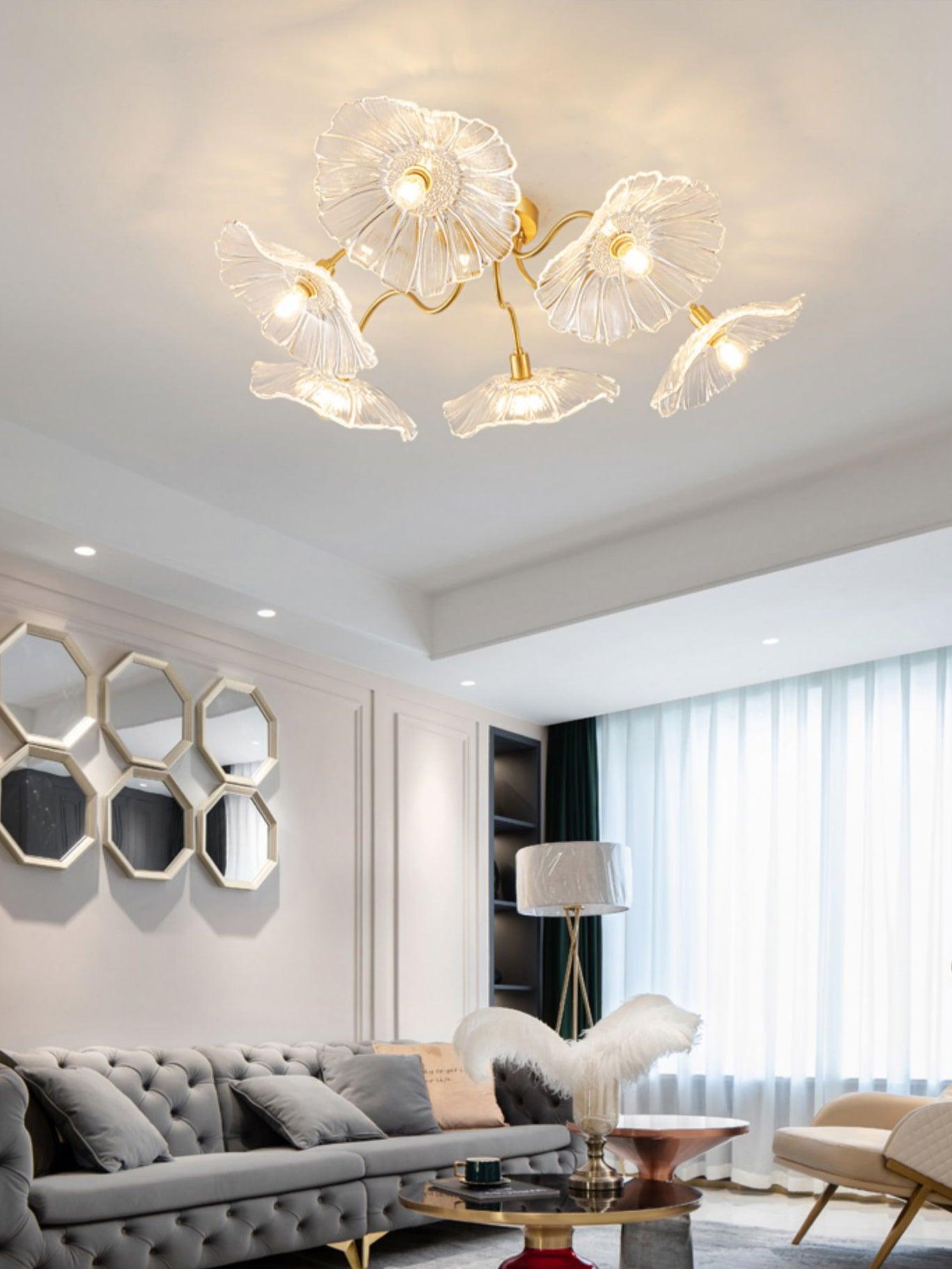 Lotus Leaf Ceiling Lamp | Frosted Glass & Metal | Gold Finish, 3-6 Heads