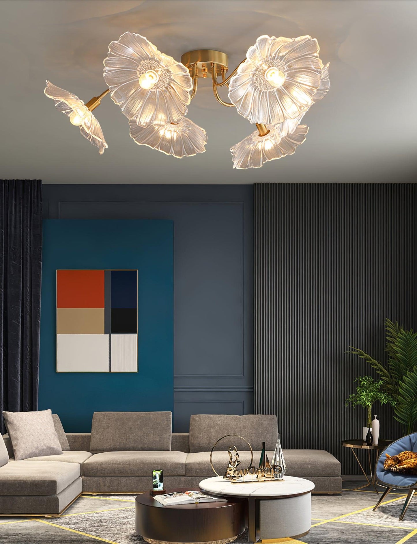 Lotus Leaf Ceiling Lamp | Frosted Glass & Metal | Gold Finish, 3-6 Heads