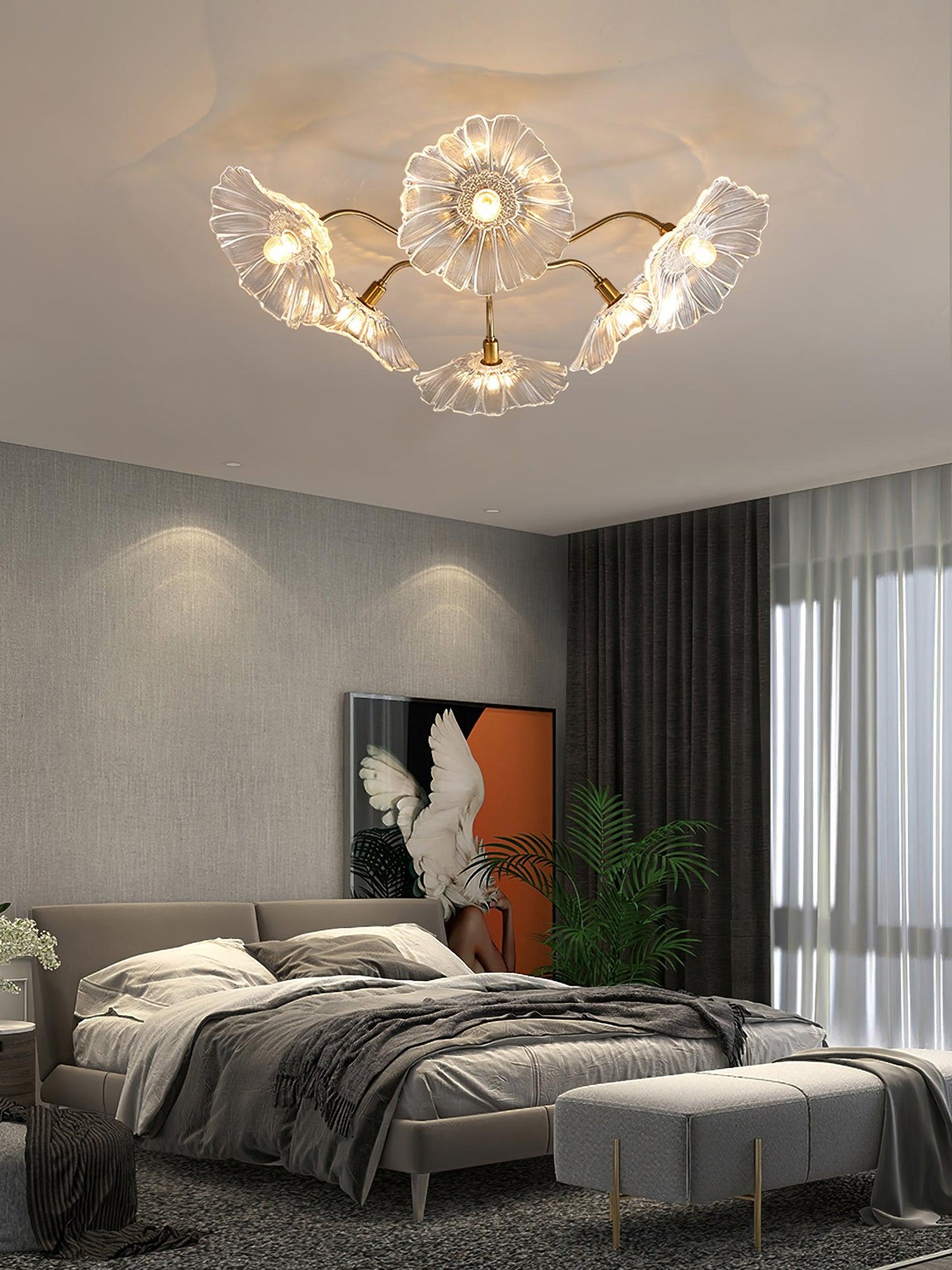 Lotus Leaf Ceiling Lamp | Frosted Glass & Metal | Gold Finish, 3-6 Heads