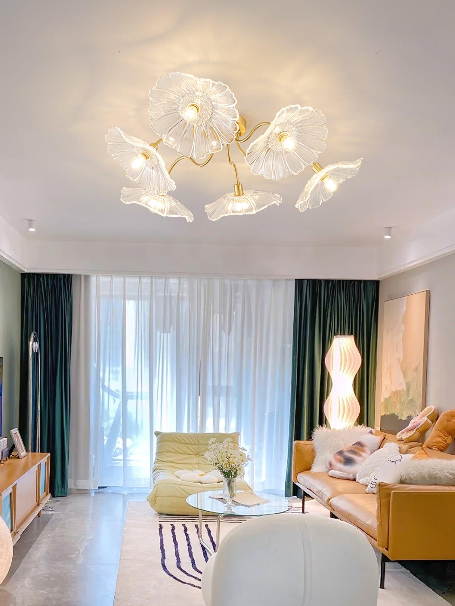 Lotus Leaf Ceiling Lamp | Frosted Glass & Metal | Gold Finish, 3-6 Heads