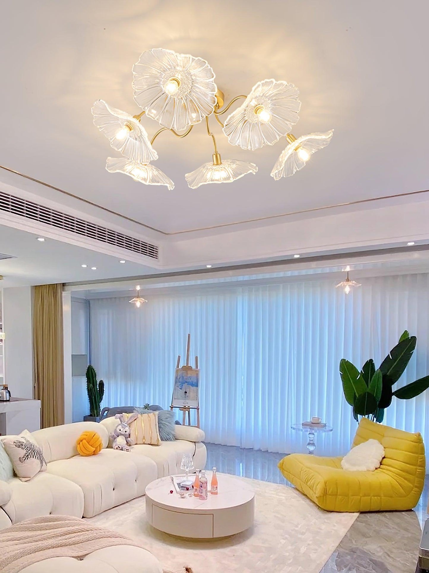Lotus Leaf Ceiling Lamp | Frosted Glass & Metal | Gold Finish, 3-6 Heads