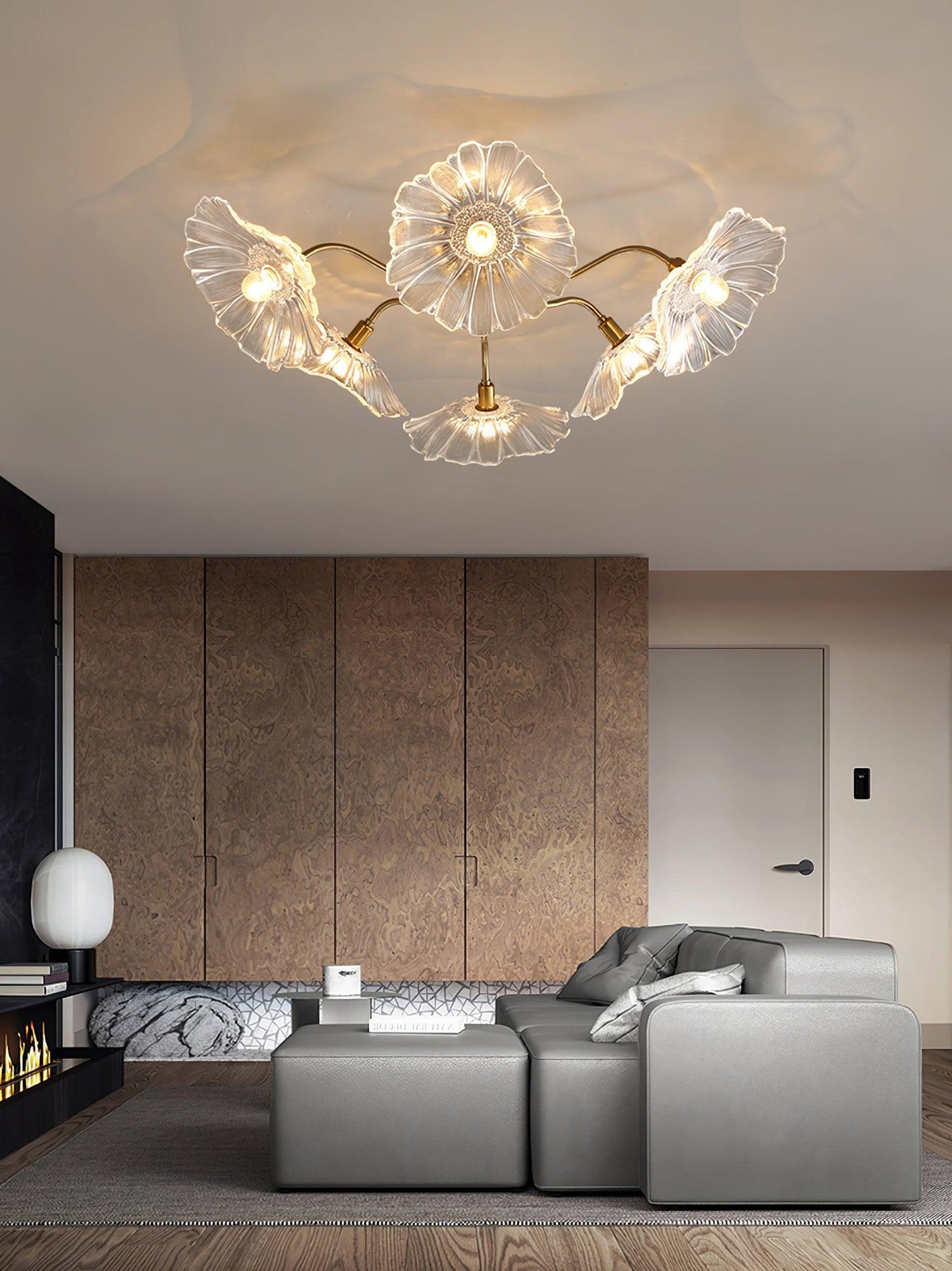 Lotus Leaf Ceiling Lamp | Frosted Glass & Metal | Gold Finish, 3-6 Heads