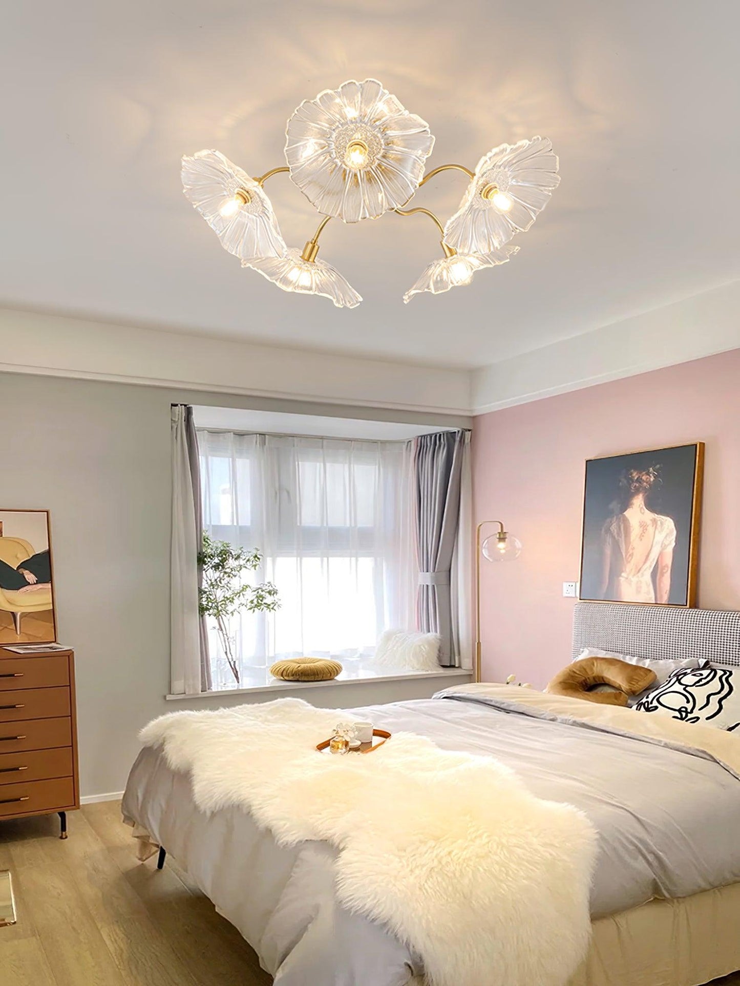Lotus Leaf Ceiling Lamp | Frosted Glass & Metal | Gold Finish, 3-6 Heads