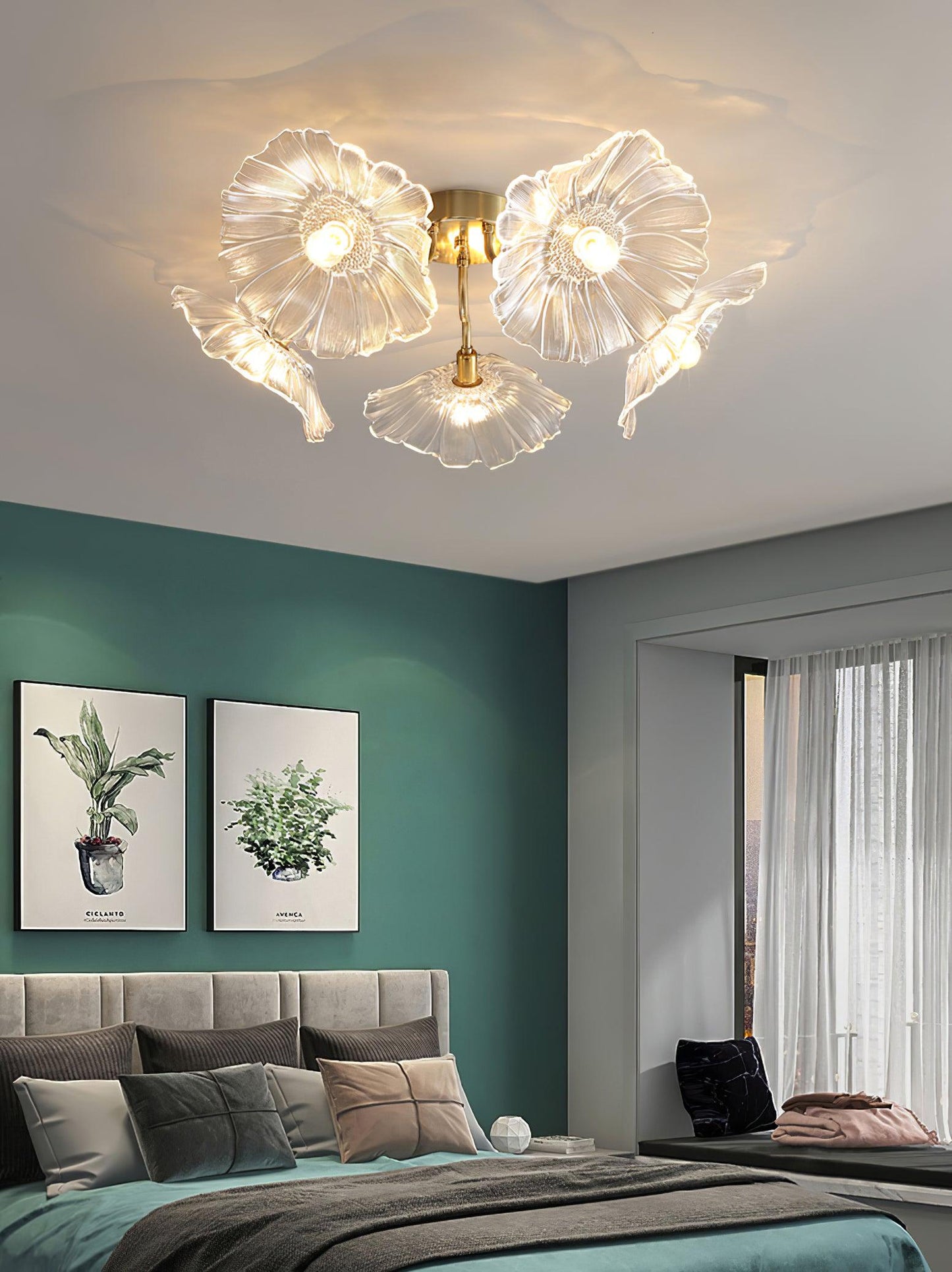 Lotus Leaf Ceiling Lamp | Frosted Glass & Metal | Gold Finish, 3-6 Heads