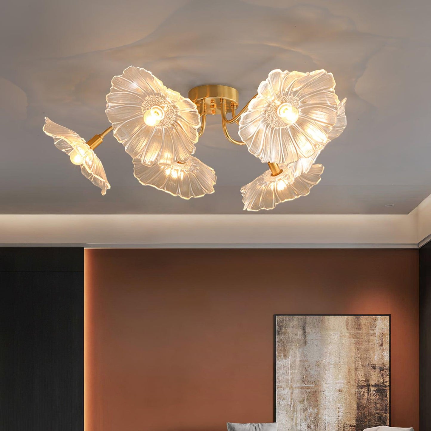 Lotus Leaf Ceiling Lamp | Frosted Glass & Metal | Gold Finish, 3-6 Heads