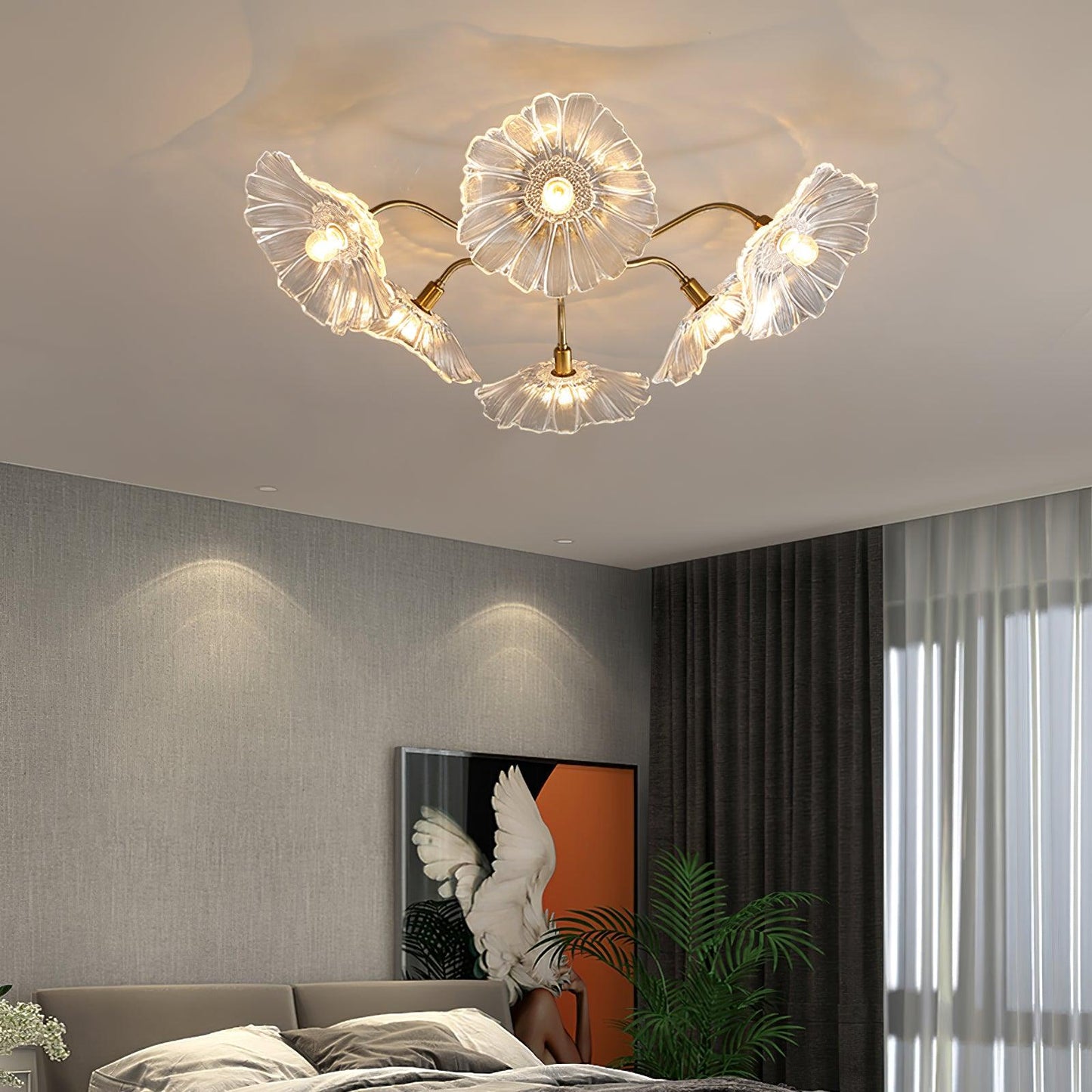 Lotus Leaf Ceiling Lamp | Frosted Glass & Metal | Gold Finish, 3-6 Heads