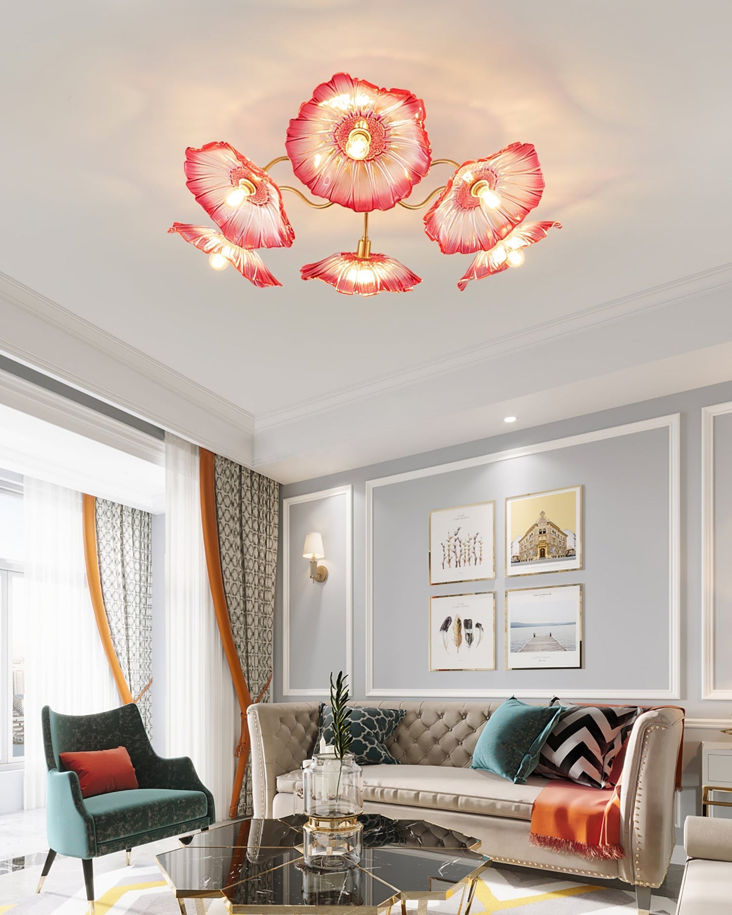 Lotus Leaf Ceiling Lamp | Frosted Glass & Metal | Gold Finish, 3-6 Heads