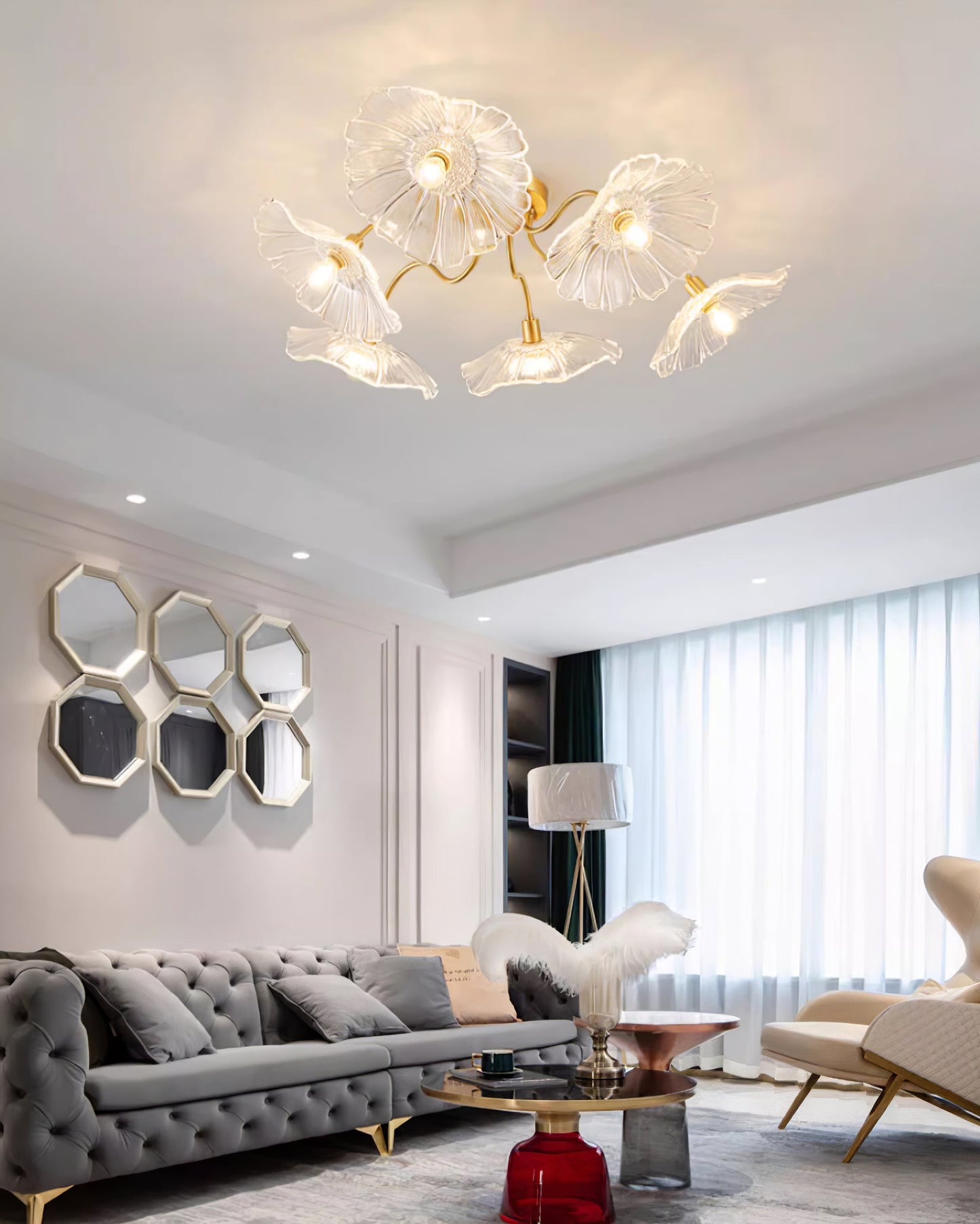 Lotus Leaf Ceiling Lamp | Frosted Glass & Metal | Gold Finish, 3-6 Heads
