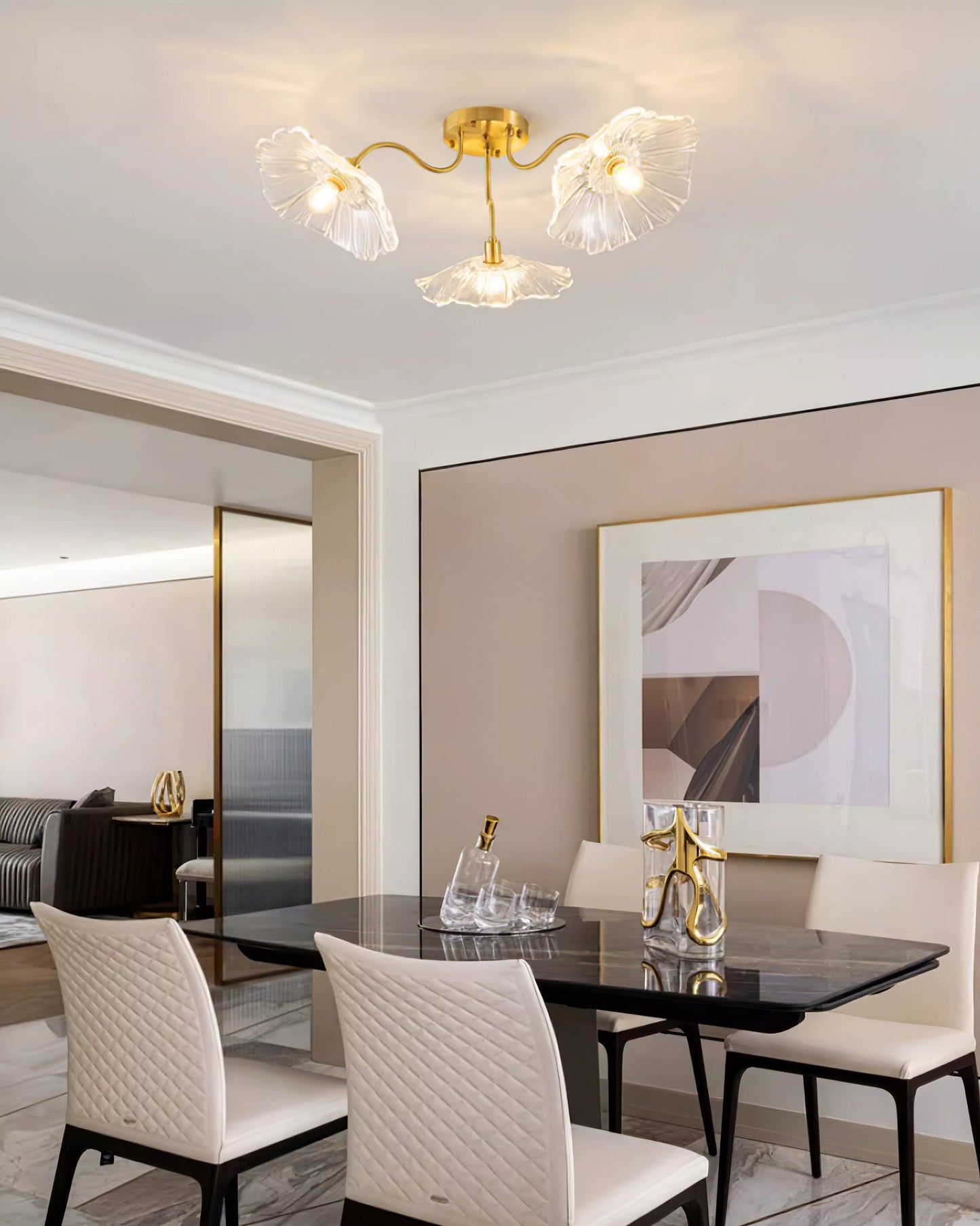 Lotus Leaf Ceiling Lamp | Frosted Glass & Metal | Gold Finish, 3-6 Heads