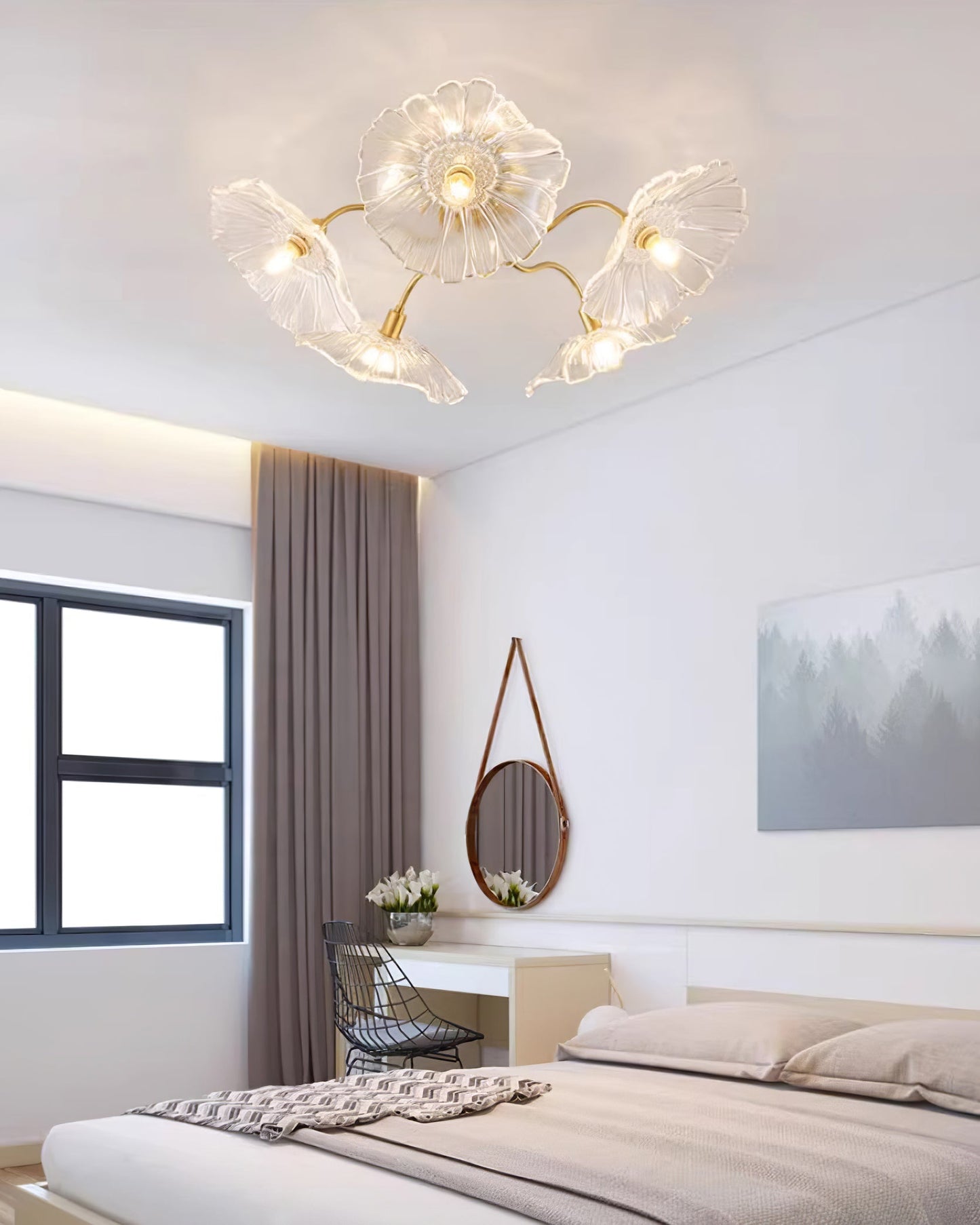 Lotus Leaf Ceiling Lamp | Frosted Glass & Metal | Gold Finish, 3-6 Heads