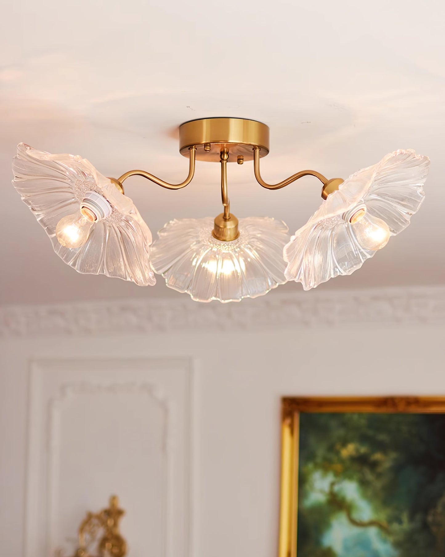 Lotus Leaf Ceiling Lamp | Frosted Glass & Metal | Gold Finish, 3-6 Heads