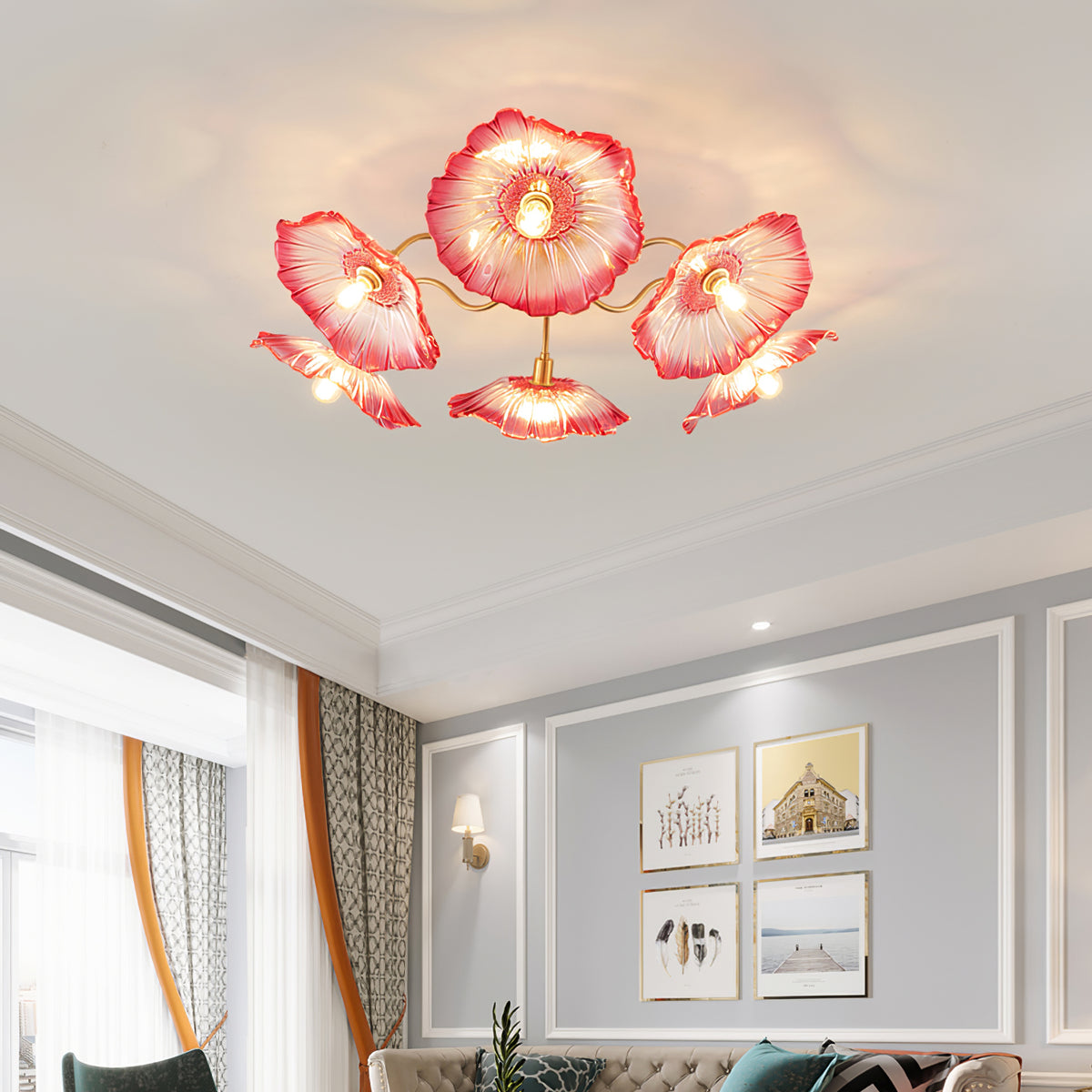 Lotus Leaf Ceiling Lamp | Frosted Glass & Metal | Gold Finish, 3-6 Heads
