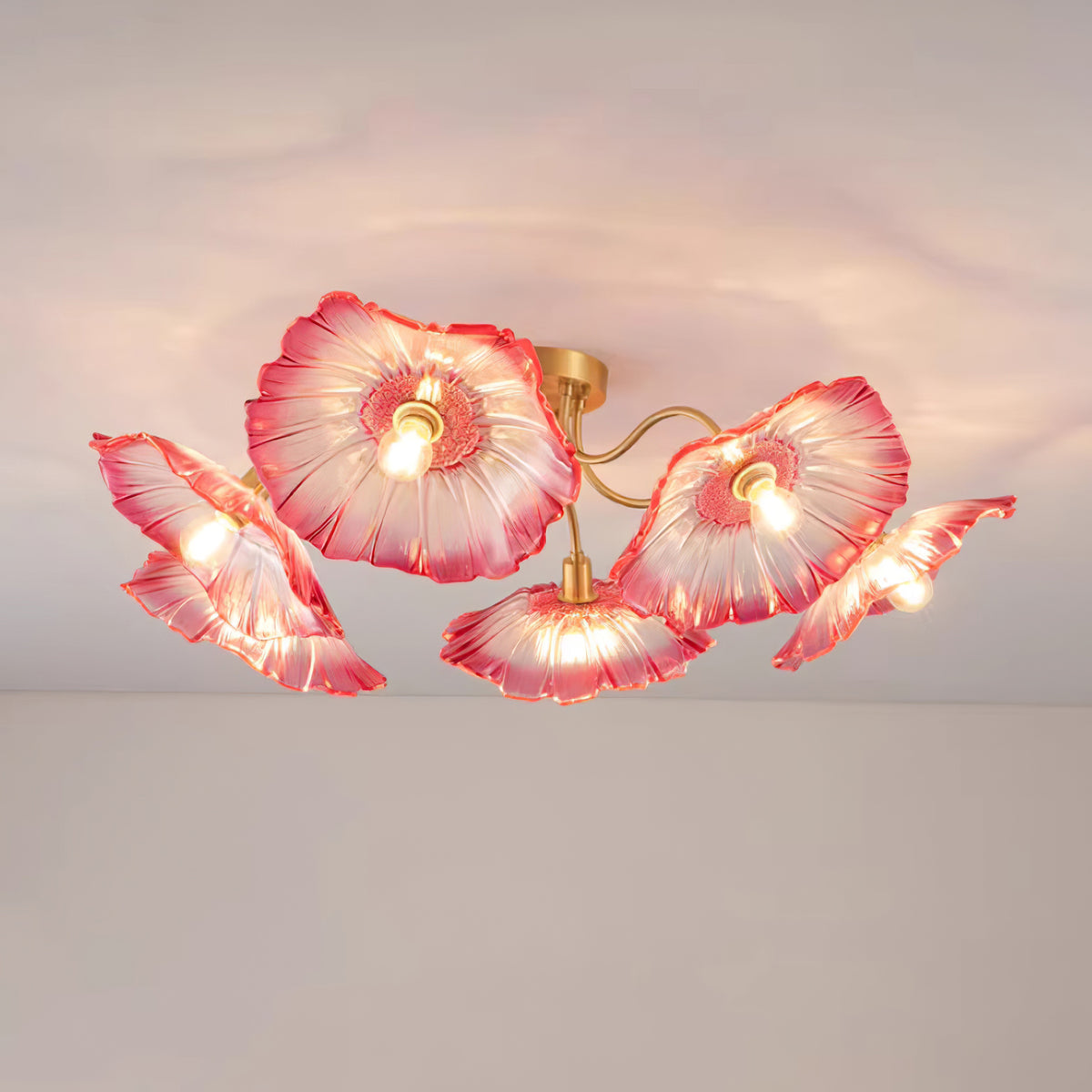 Lotus Leaf Ceiling Lamp | Frosted Glass & Metal | Gold Finish, 3-6 Heads