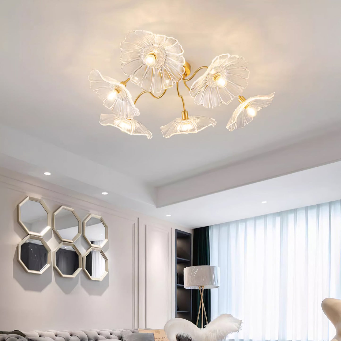 Lotus Leaf Ceiling Lamp | Frosted Glass & Metal | Gold Finish, 3-6 Heads