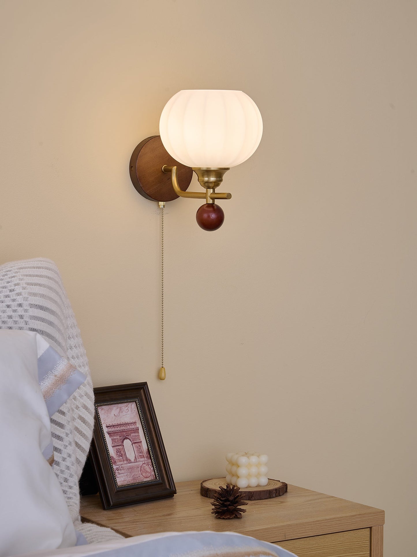 Lumea Crest Wall Lamp | Iron, Glass, Wood | White Shade, Gold/Walnut Finish