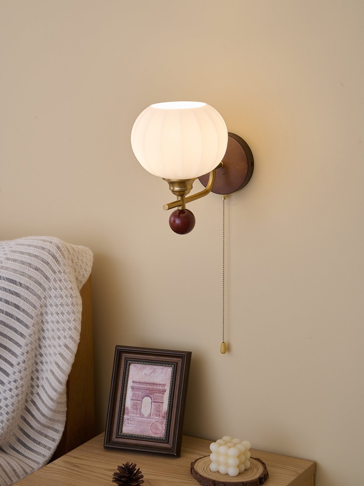 Lumea Crest Wall Lamp | Iron, Glass, Wood | White Shade, Gold/Walnut Finish