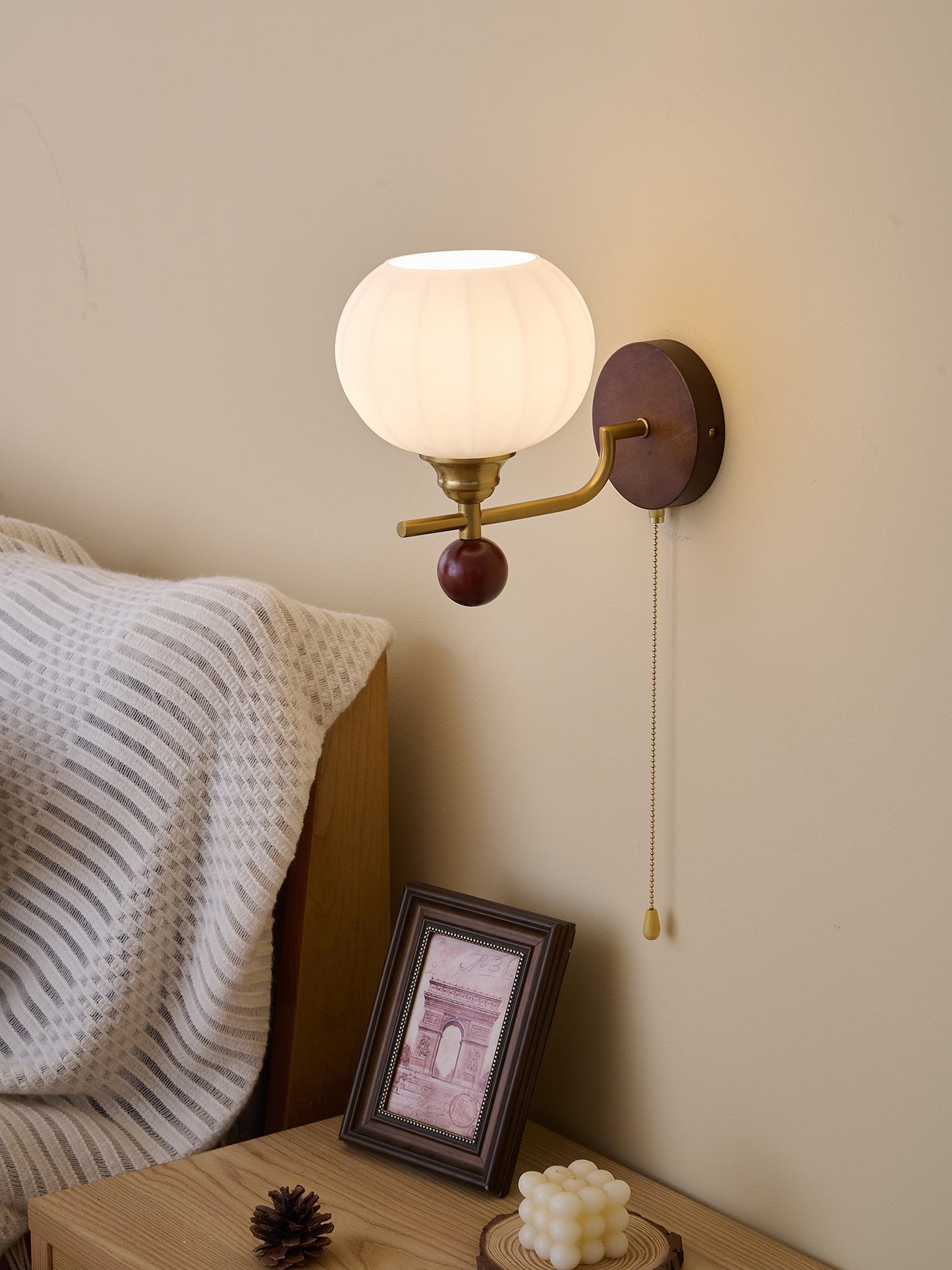 Lumea Crest Wall Lamp | Iron, Glass, Wood | White Shade, Gold/Walnut Finish