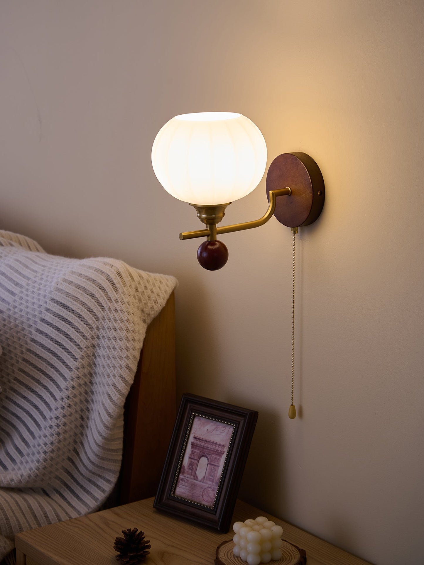 Lumea Crest Wall Lamp | Iron, Glass, Wood | White Shade, Gold/Walnut Finish