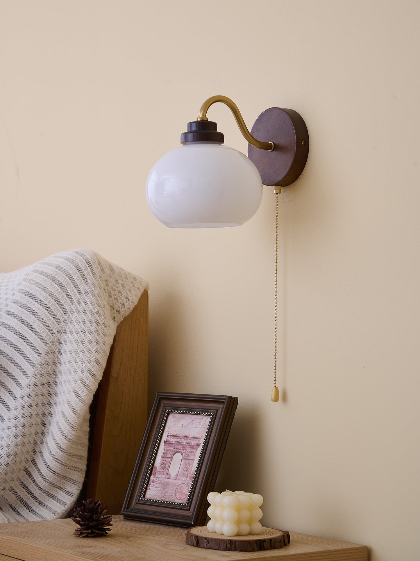 Lumea Crest Wall Lamp | Iron, Glass, Wood | White Shade, Gold/Walnut Finish