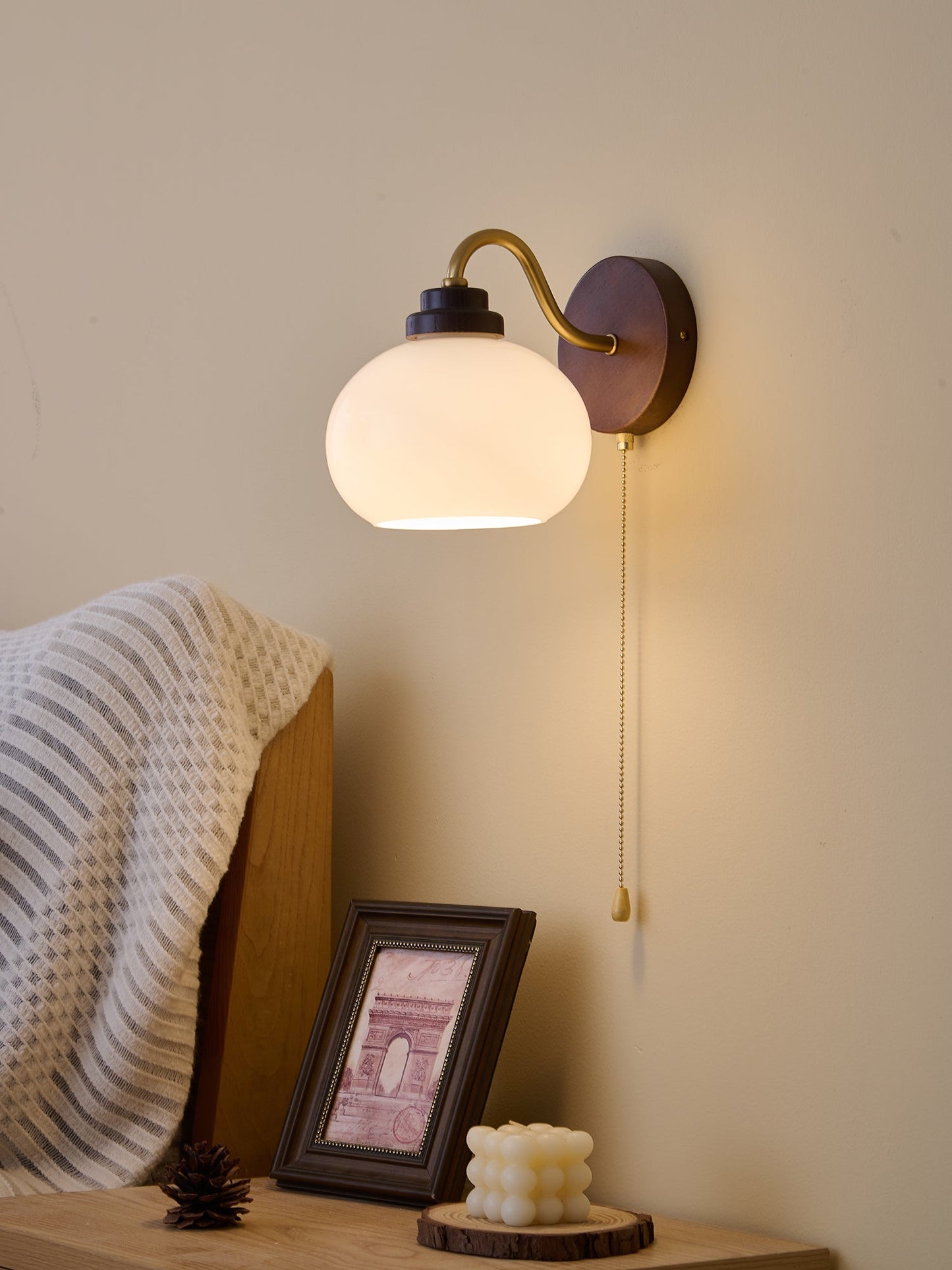 Lumea Crest Wall Lamp | Iron, Glass, Wood | White Shade, Gold/Walnut Finish