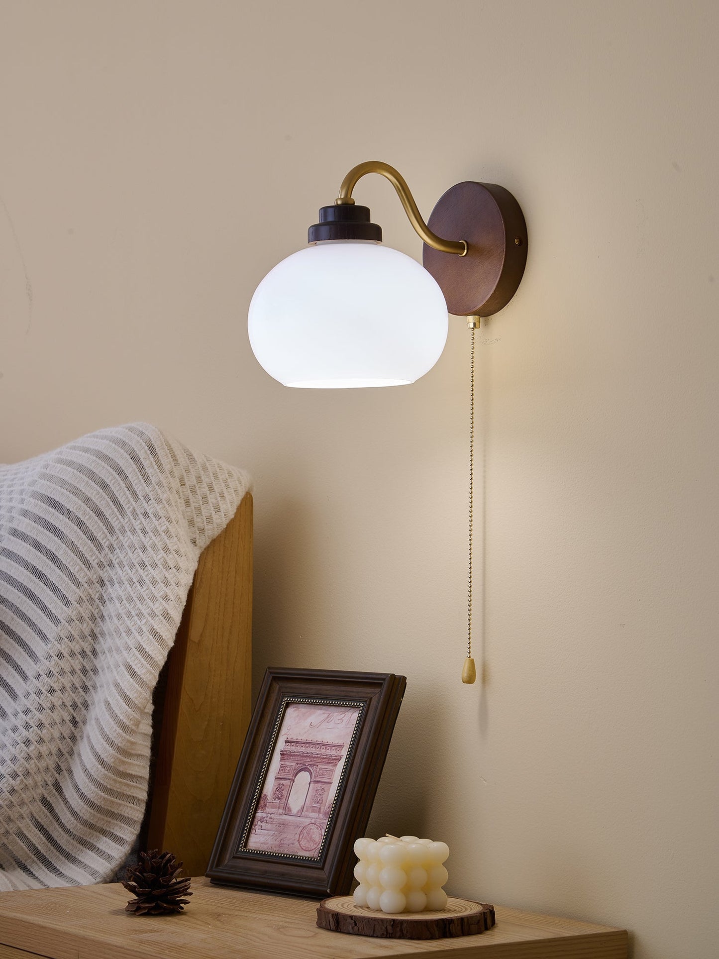 Lumea Crest Wall Lamp | Iron, Glass, Wood | White Shade, Gold/Walnut Finish