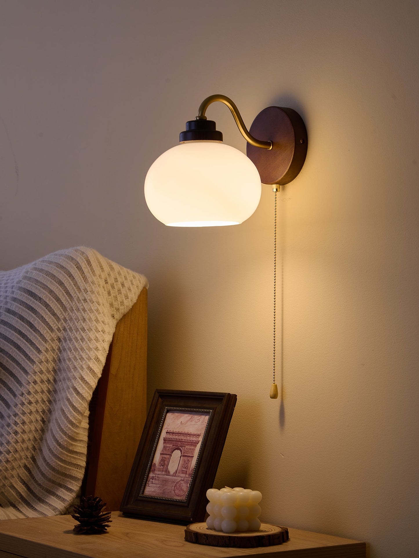Lumea Crest Wall Lamp | Iron, Glass, Wood | White Shade, Gold/Walnut Finish