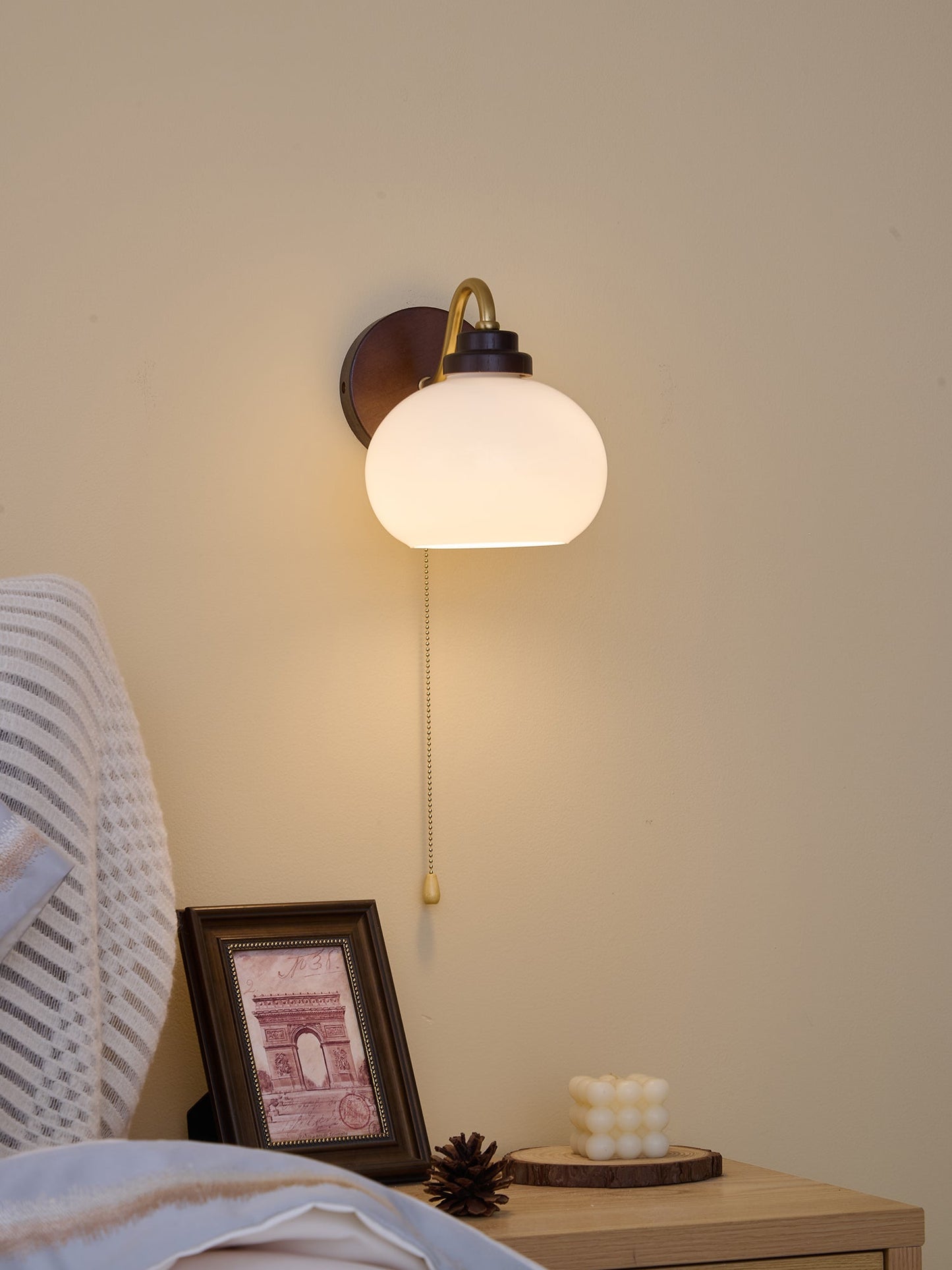 Lumea Crest Wall Lamp | Iron, Glass, Wood | White Shade, Gold/Walnut Finish
